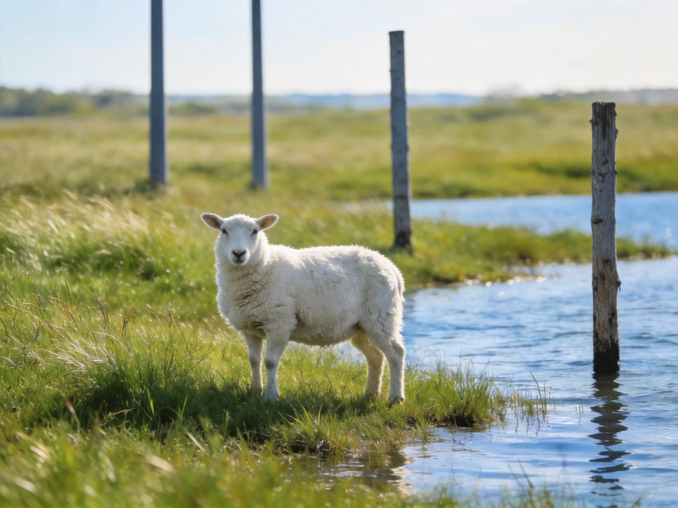 A white sheep stands by calm water near wooden poles
