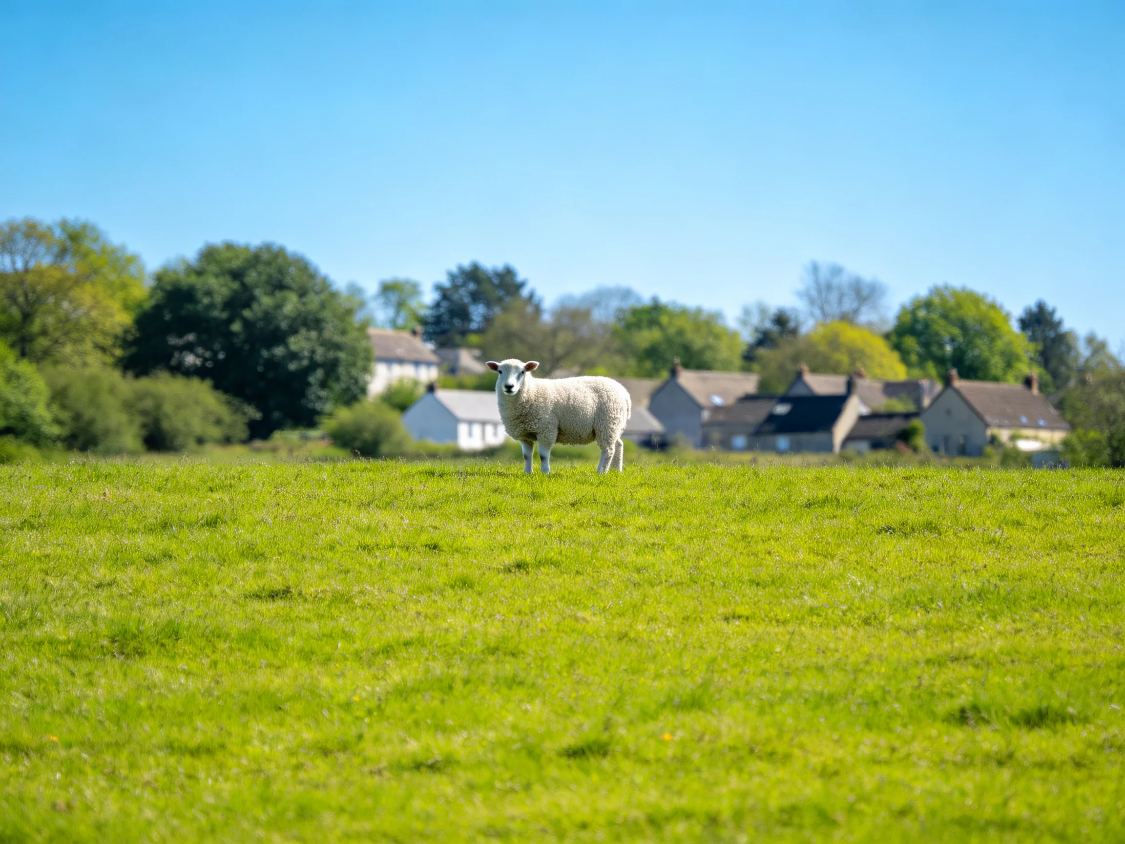 A sheep stands in a green meadow with village homes in the background