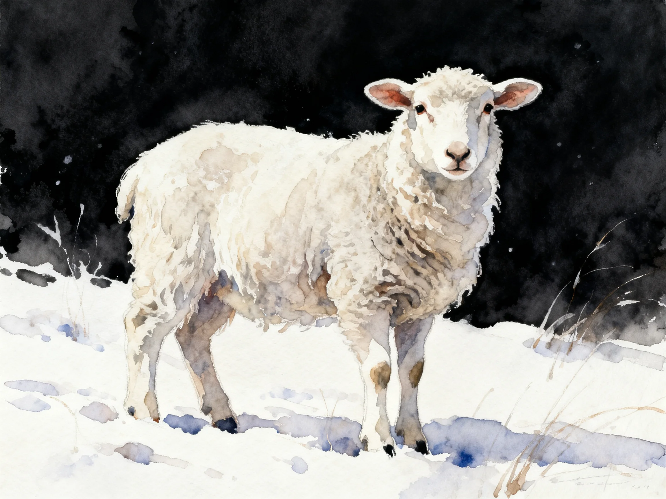 A white sheep stands in snowy terrain with dark backdrop