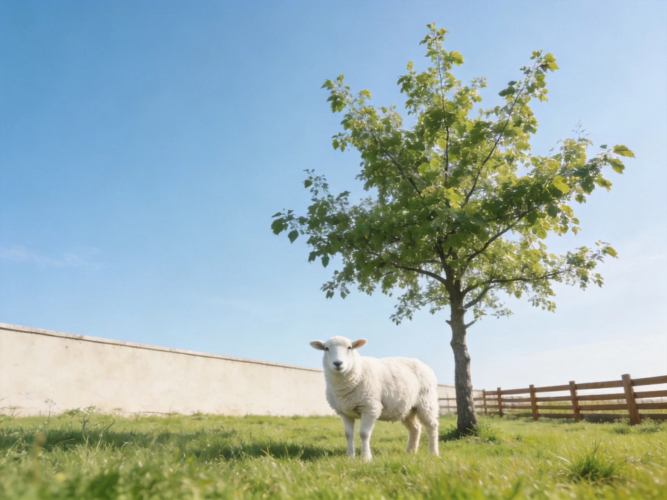 A white sheep stands near a leafy tree by a wooden fence
