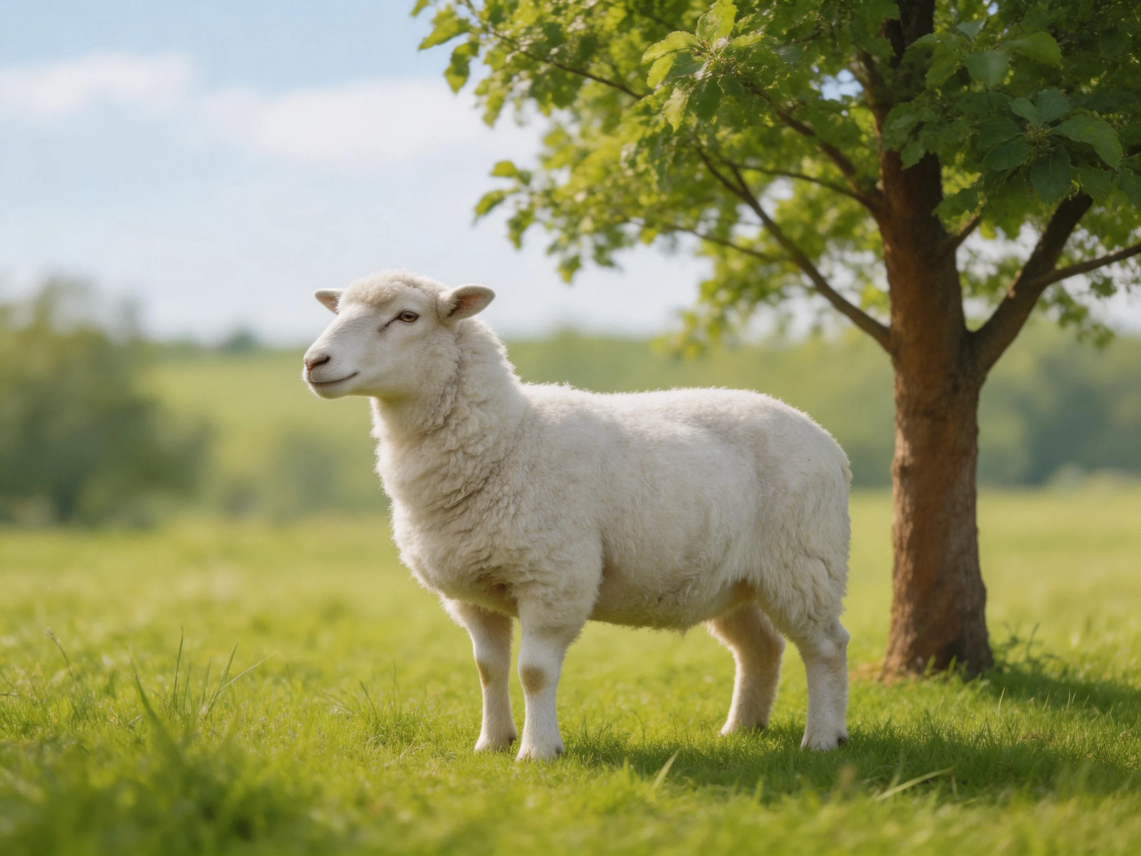 A white sheep stands serenely in a sunlit green meadow beside a tree