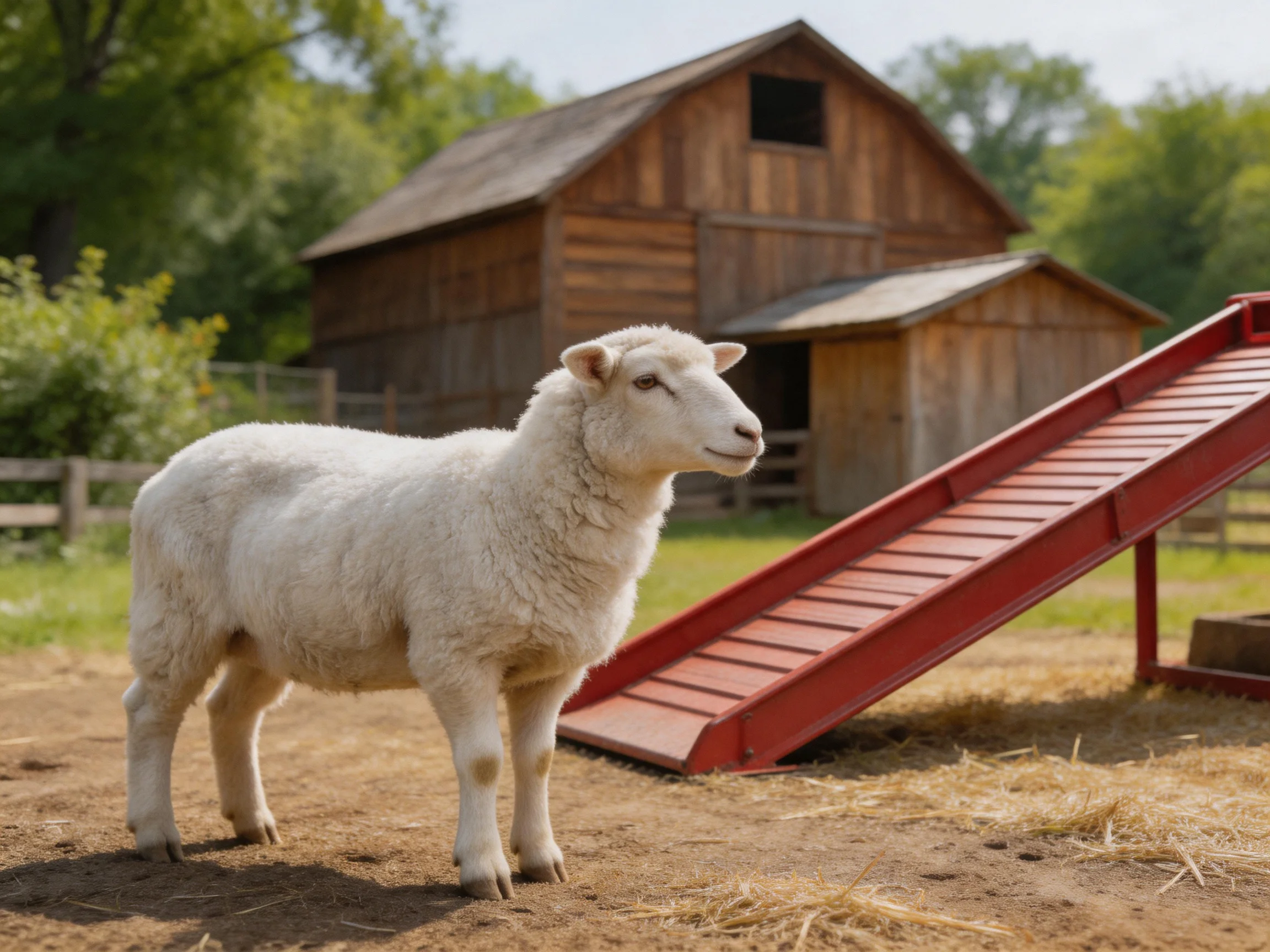 A white sheep stands near a wooden barn with a red ramp structure
