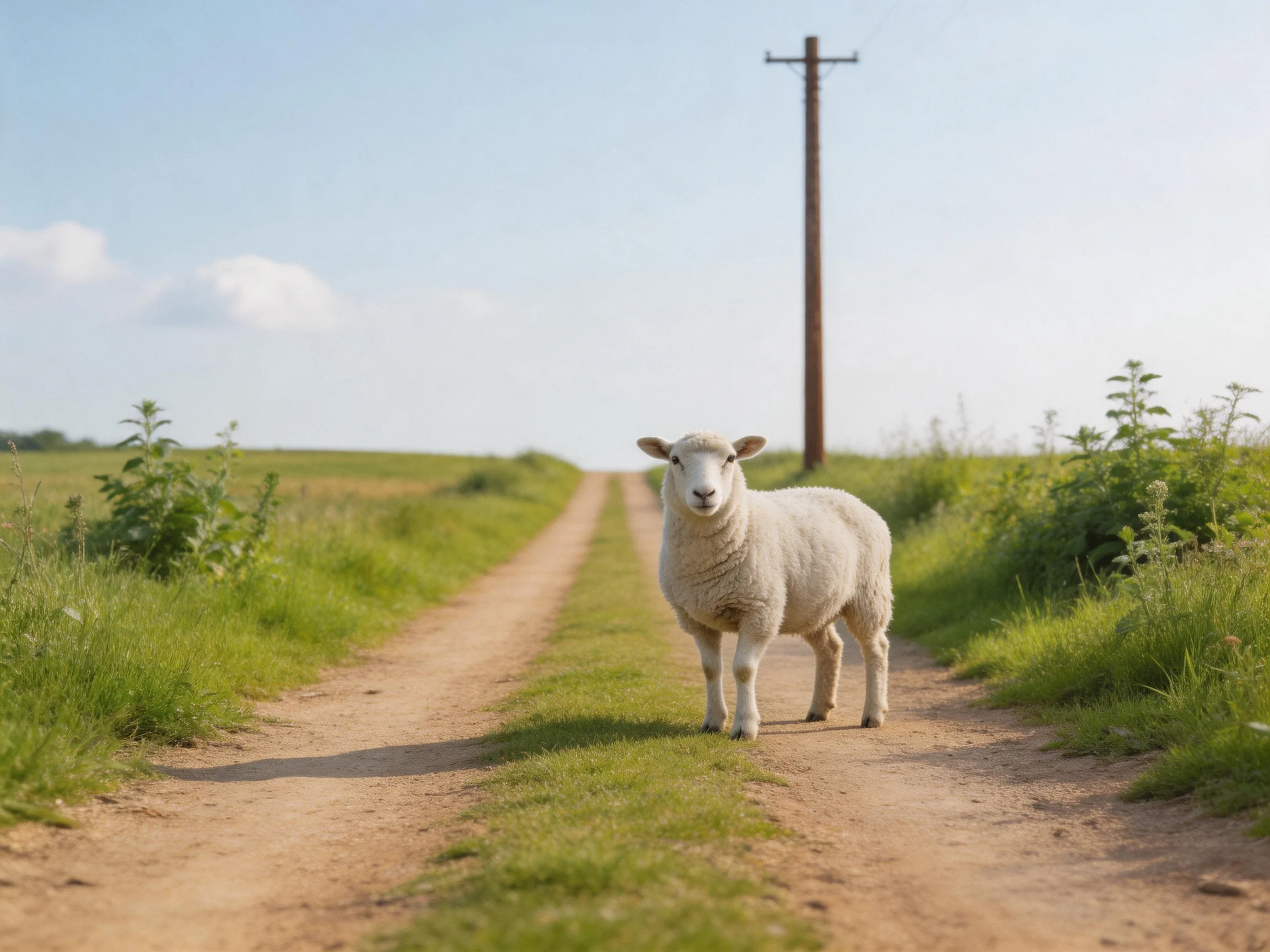 A white sheep stands on a dirt path near a wooden utility pole