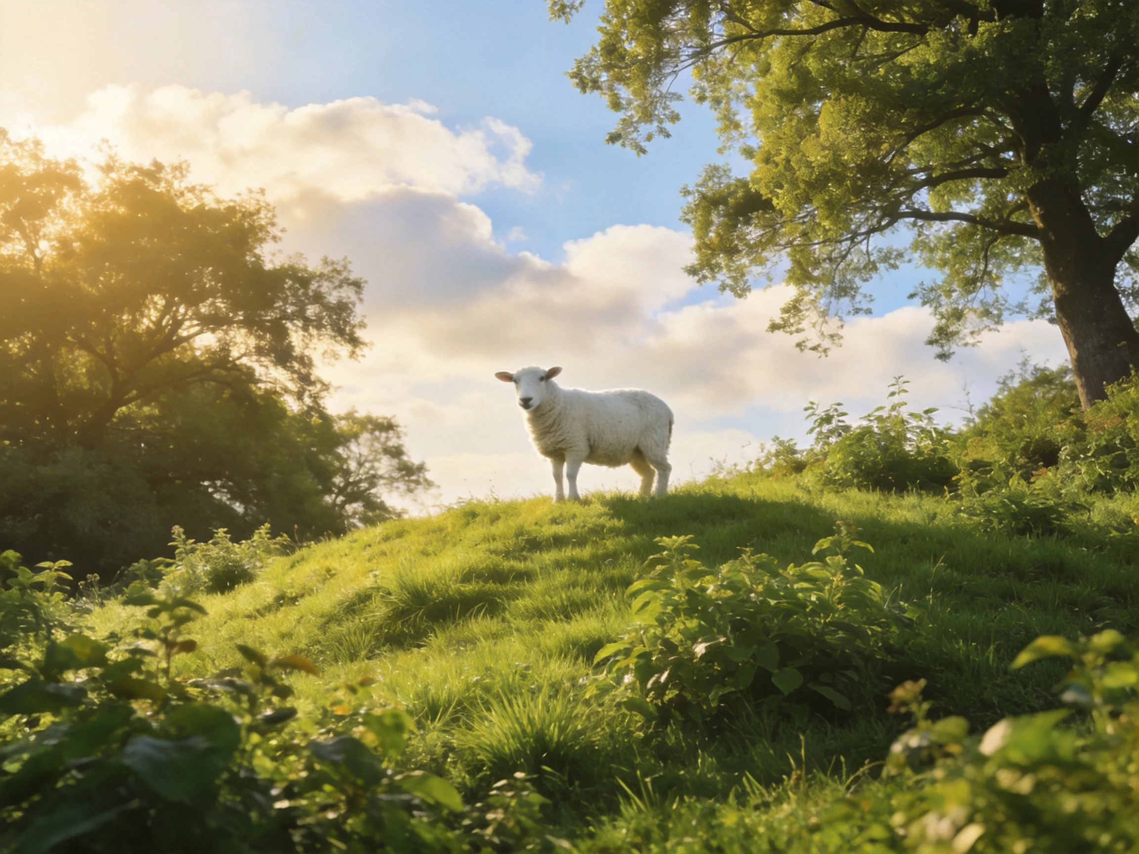 A white sheep stands on a lush green hillside near tall trees