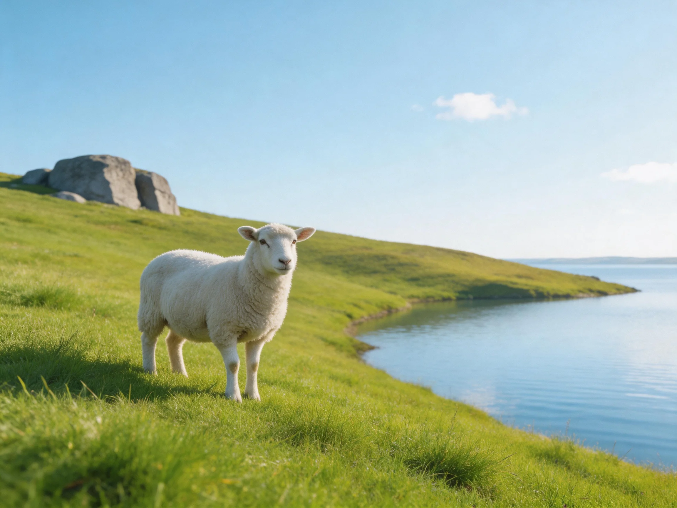 A sheep stands on grass beside a body of water under a clear sky.