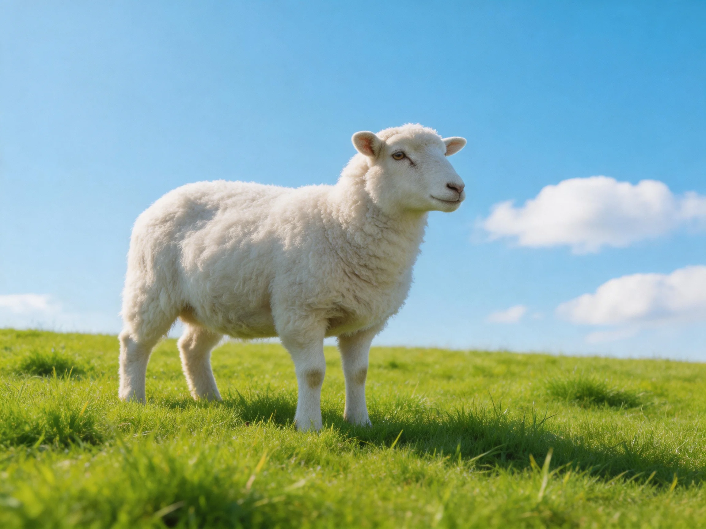 A white sheep stands on lush green grass under a bright blue sky