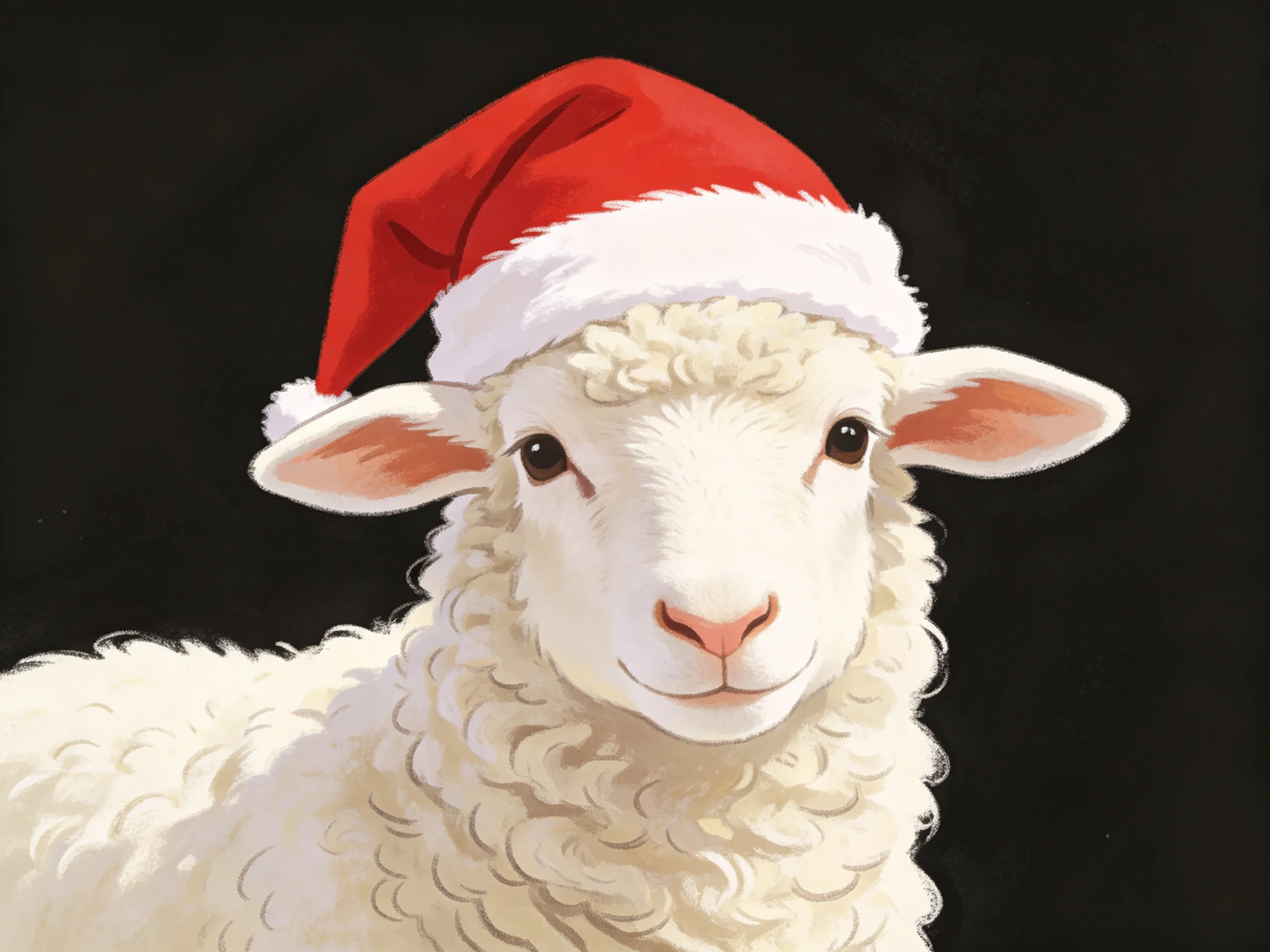 A white sheep wearing a bright red Santa hat