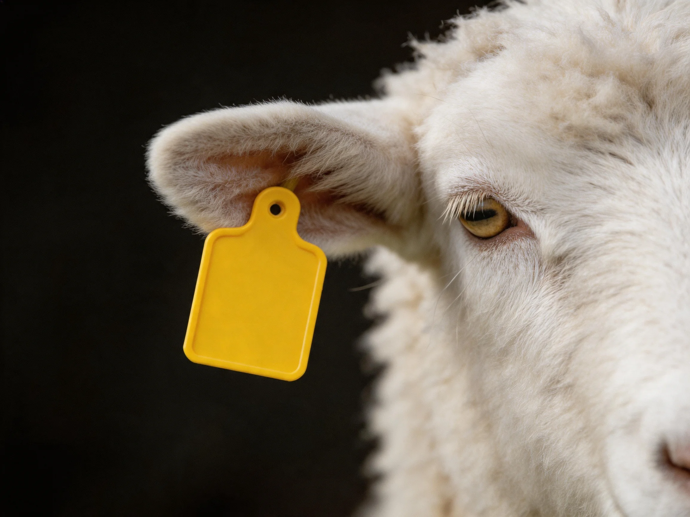 A white sheep with a yellow ear tag is shown in close - up.