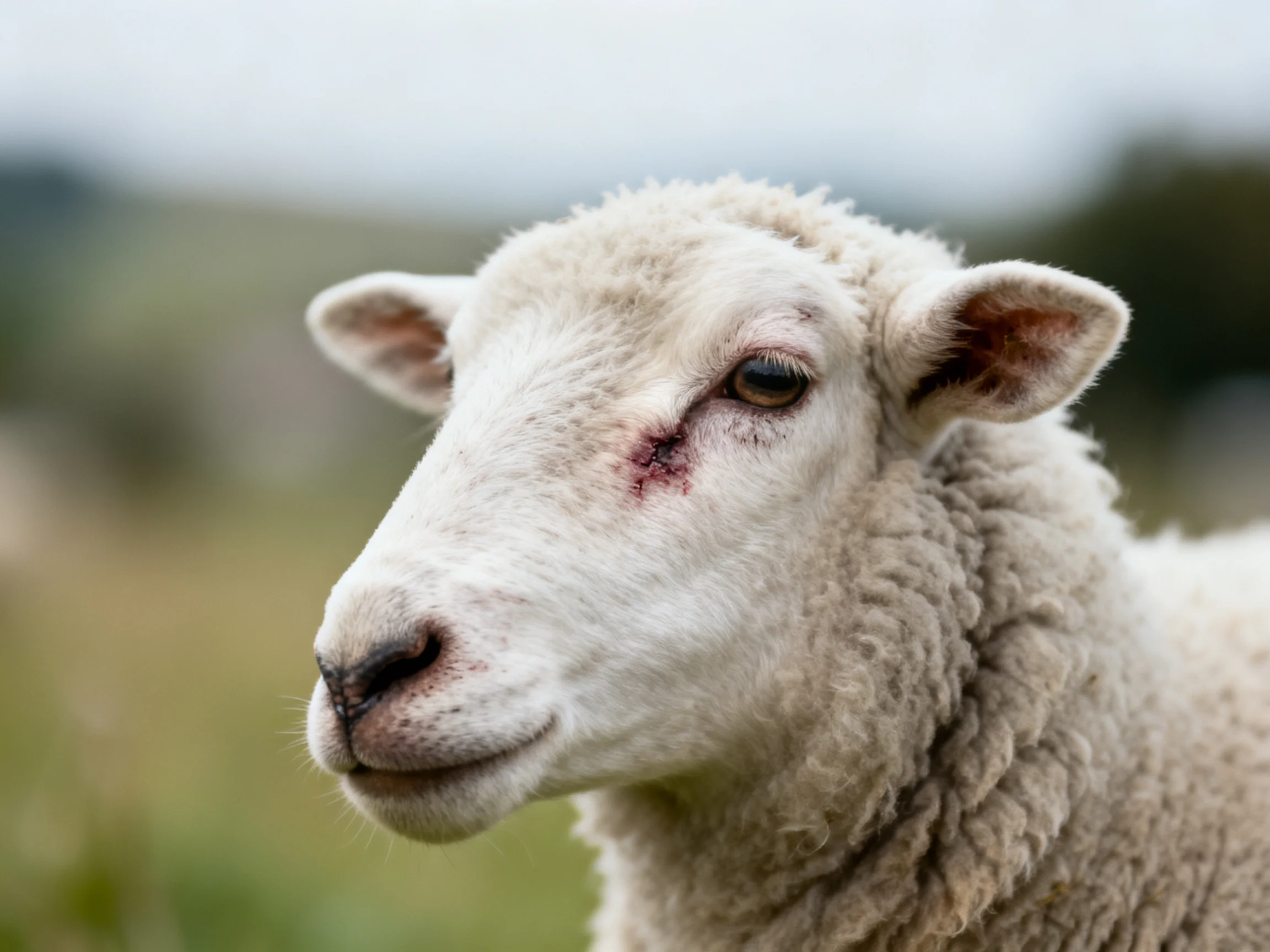 A white sheep with a facial wound in an outdoor landscape