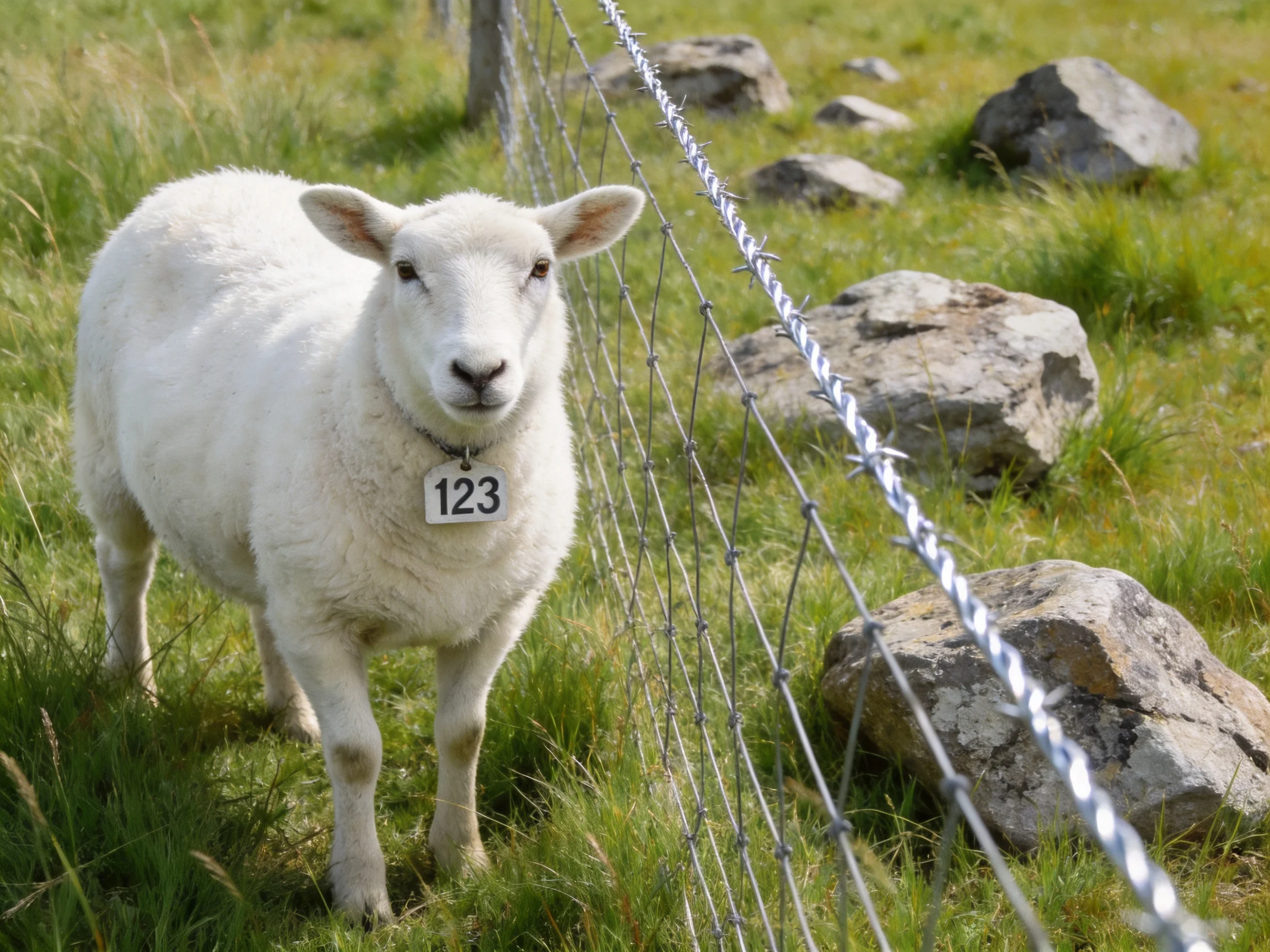 A white sheep with tag 123 near barbed wire fence in grassy field with rocks