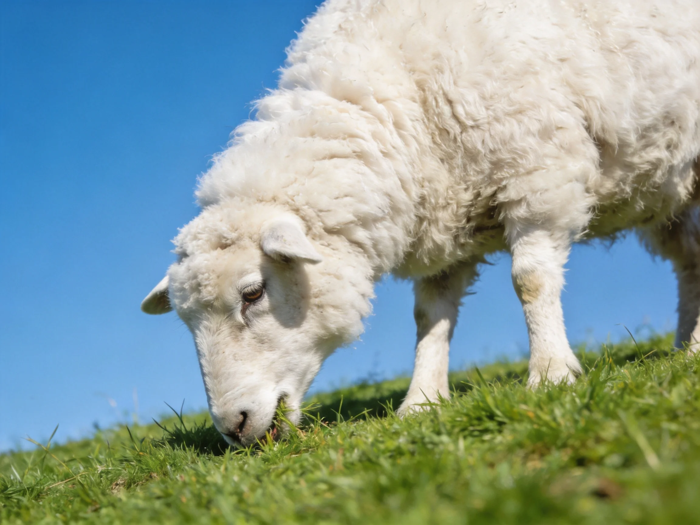 A white sheep with thick wool grazing on green grass under blue sky