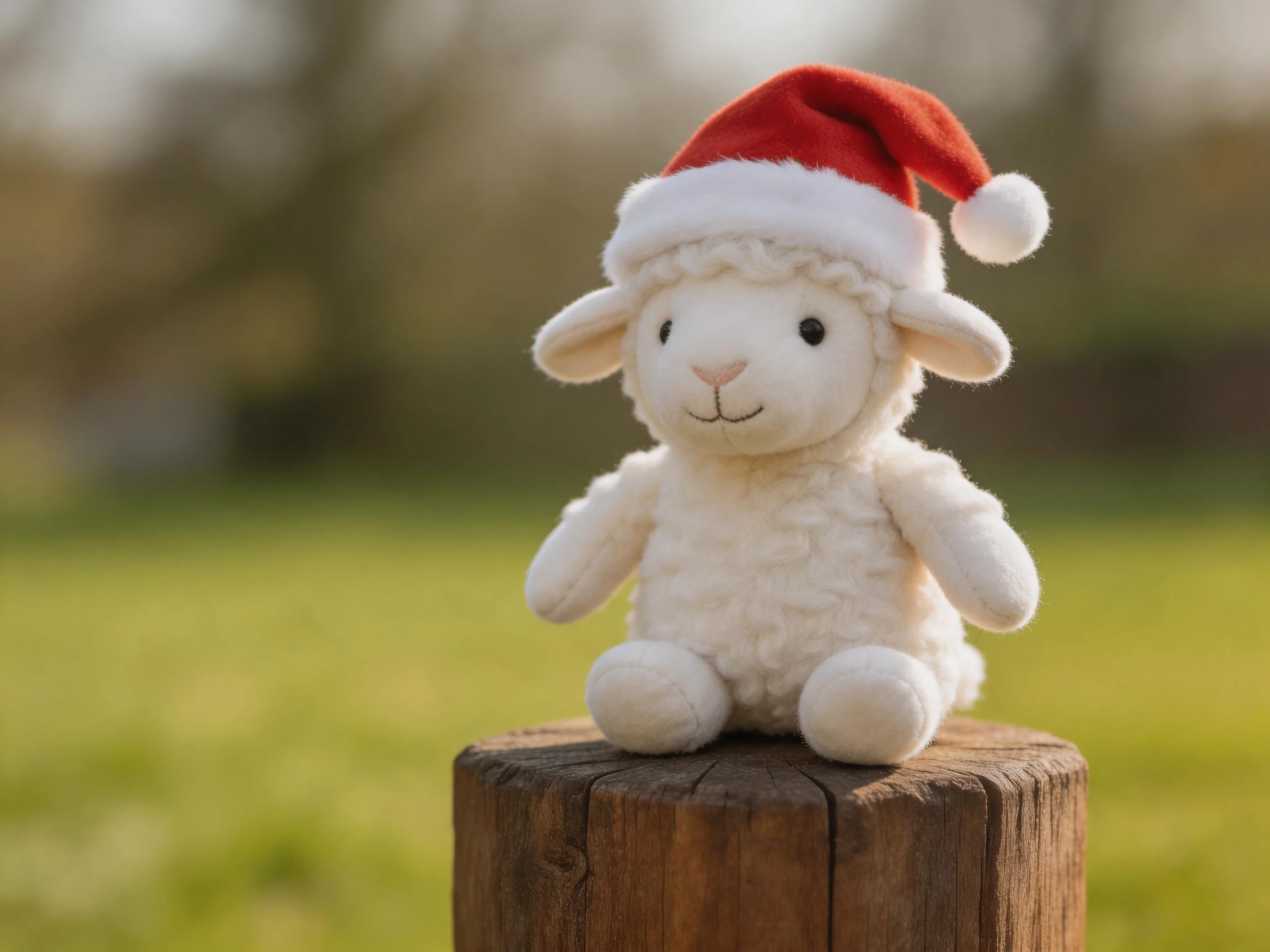 A white stuffed lamb in a red Santa hat sits on a wooden post