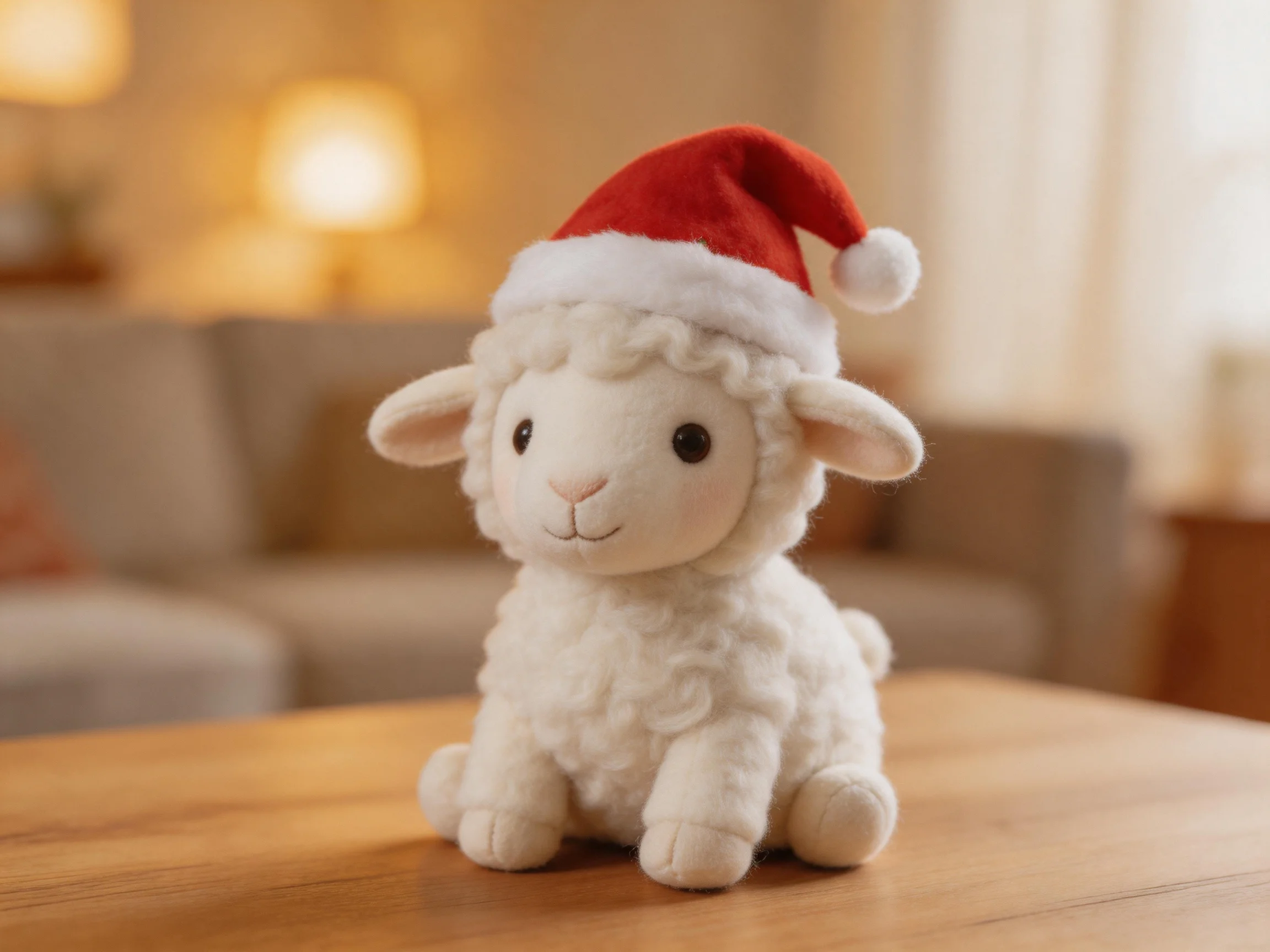 A white stuffed lamb in a red Santa hat sits on a wooden table