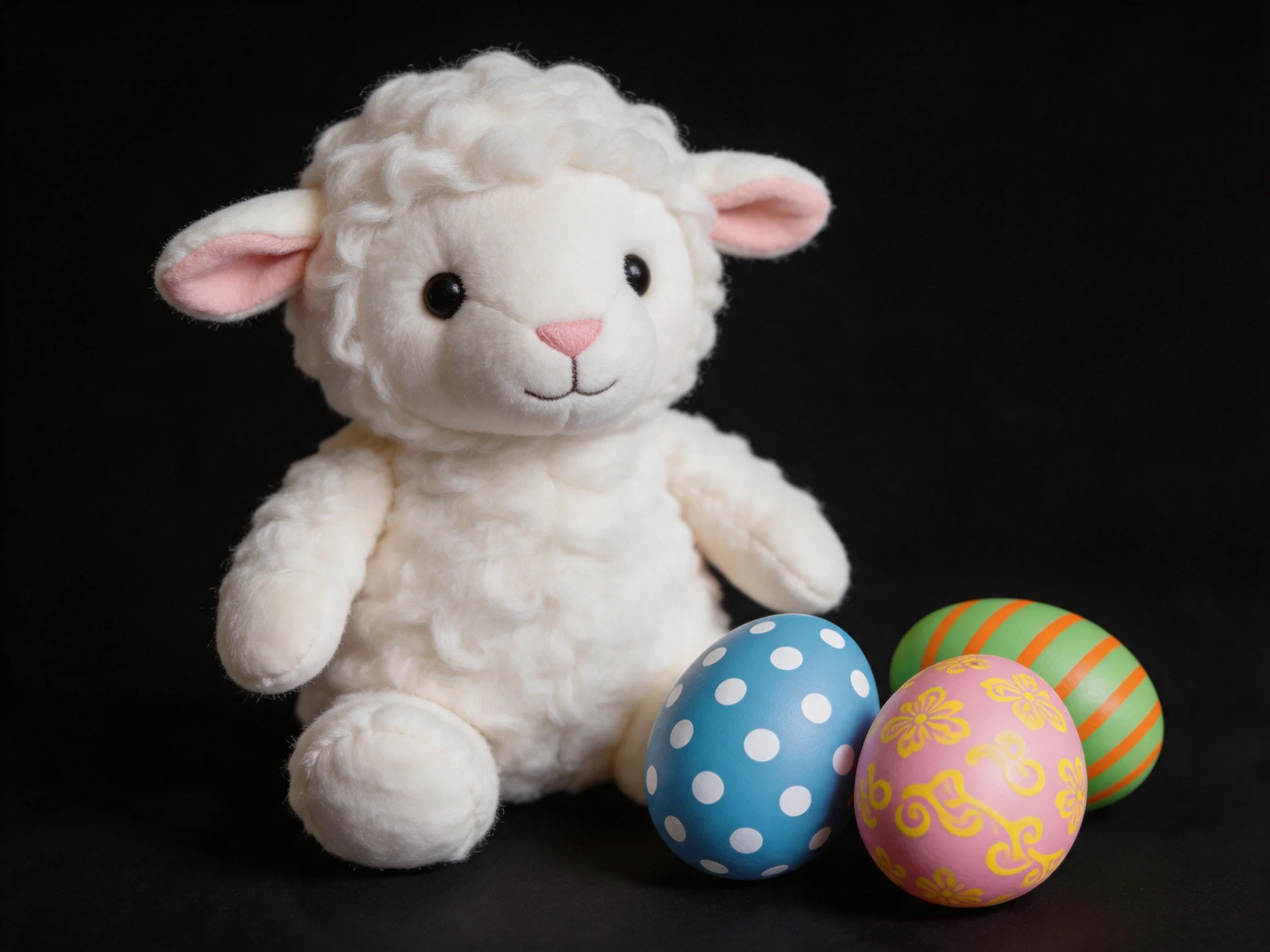 A white stuffed lamb sits beside three colorful Easter eggs