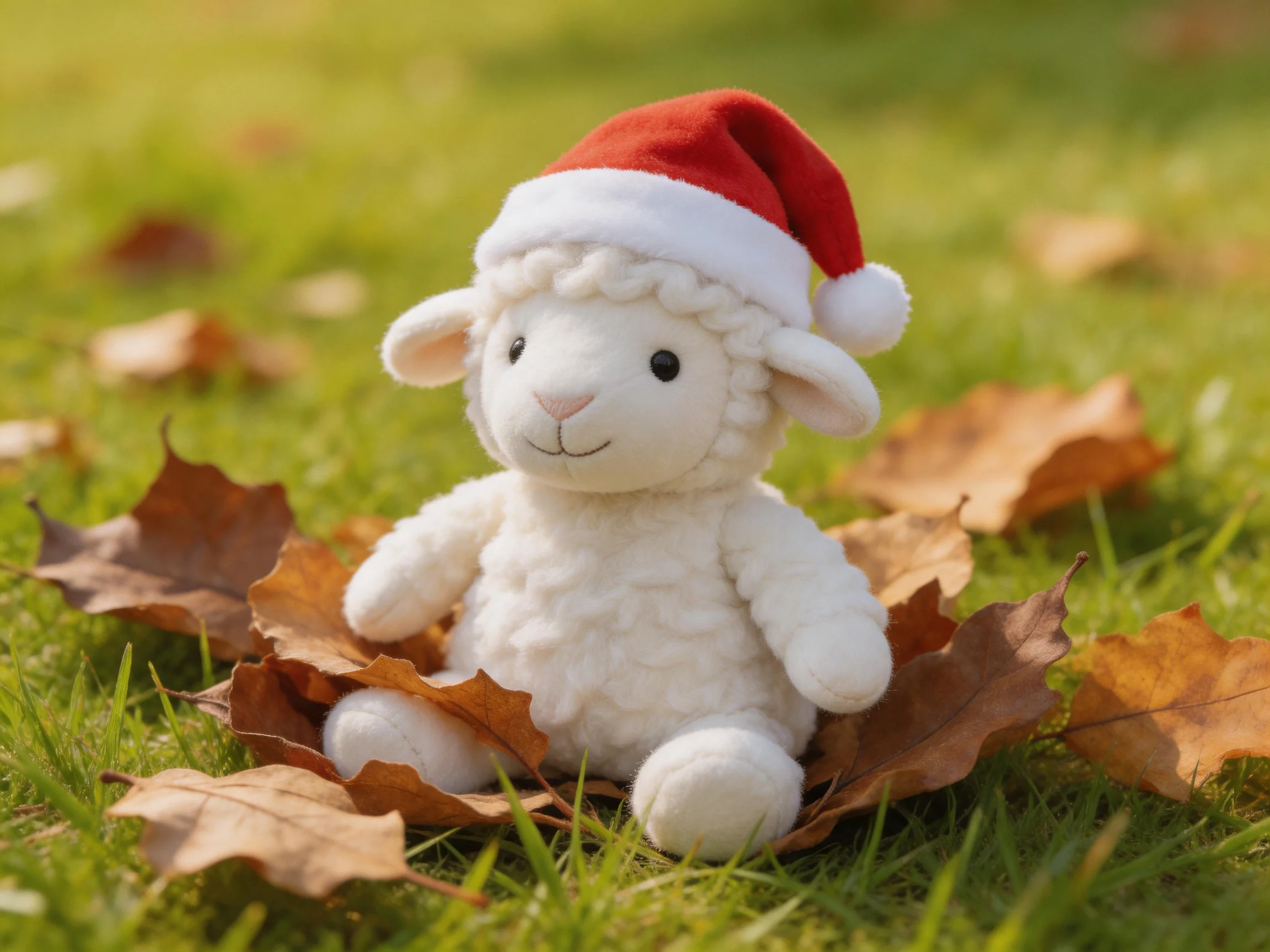 A white stuffed lamb wearing a red Santa hat sits among brown autumn leaves on green grass
