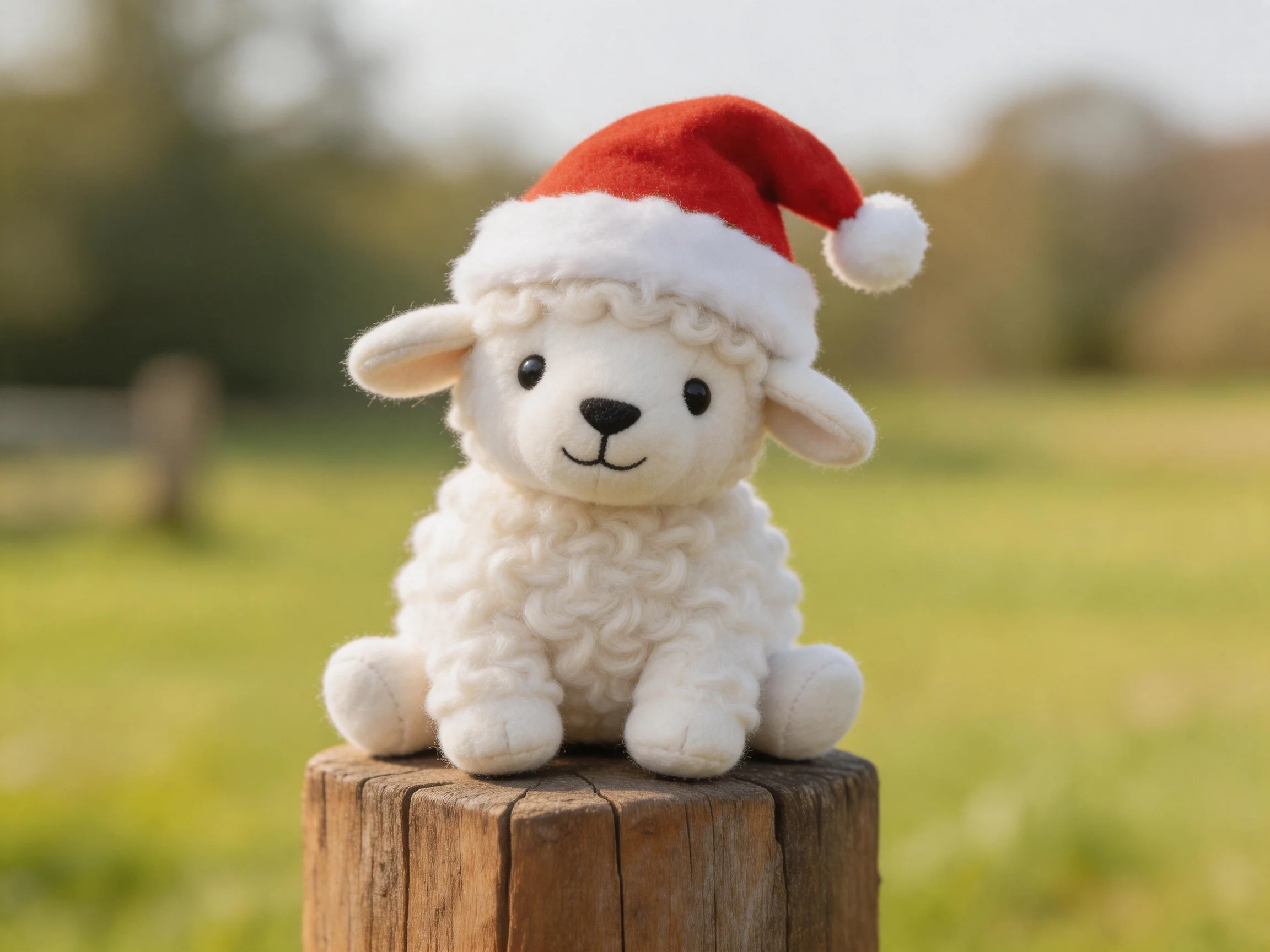 A white stuffed lamb wearing a red Santa hat sits on a wooden post