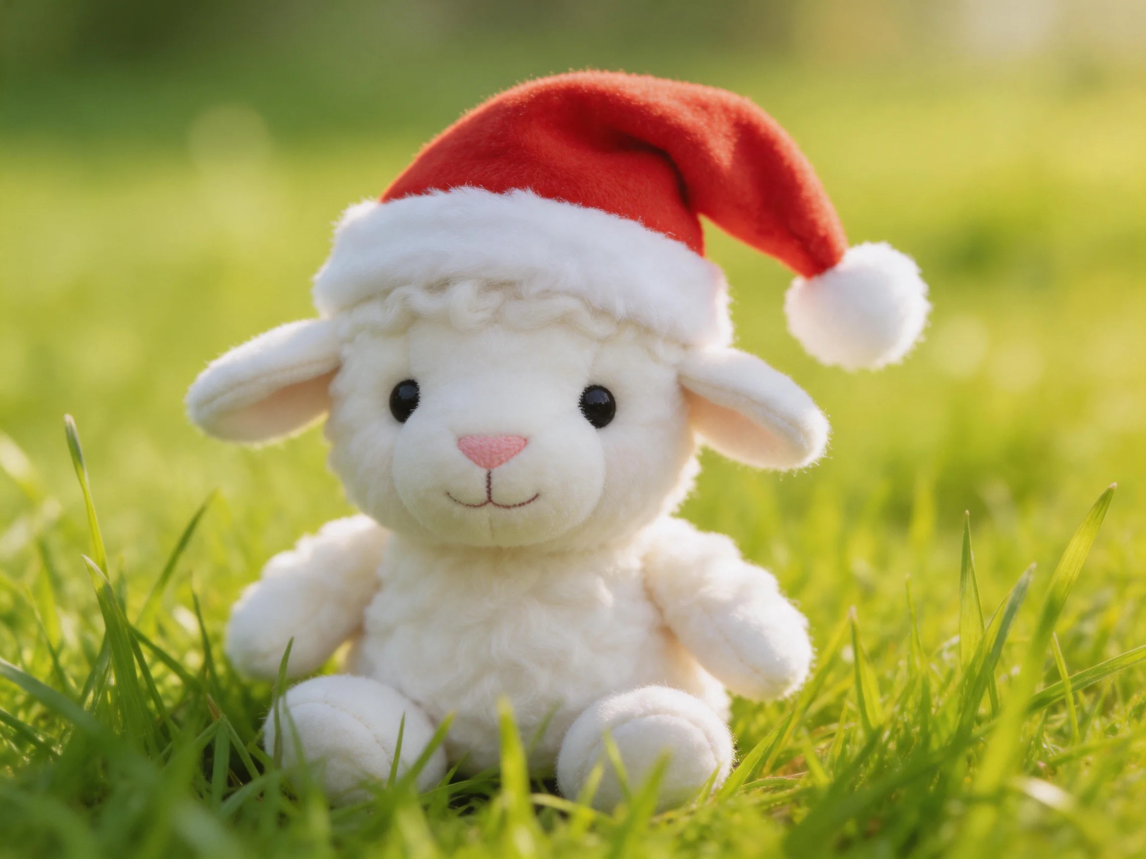 A white stuffed lamb wearing a red Santa hat sits on green grass