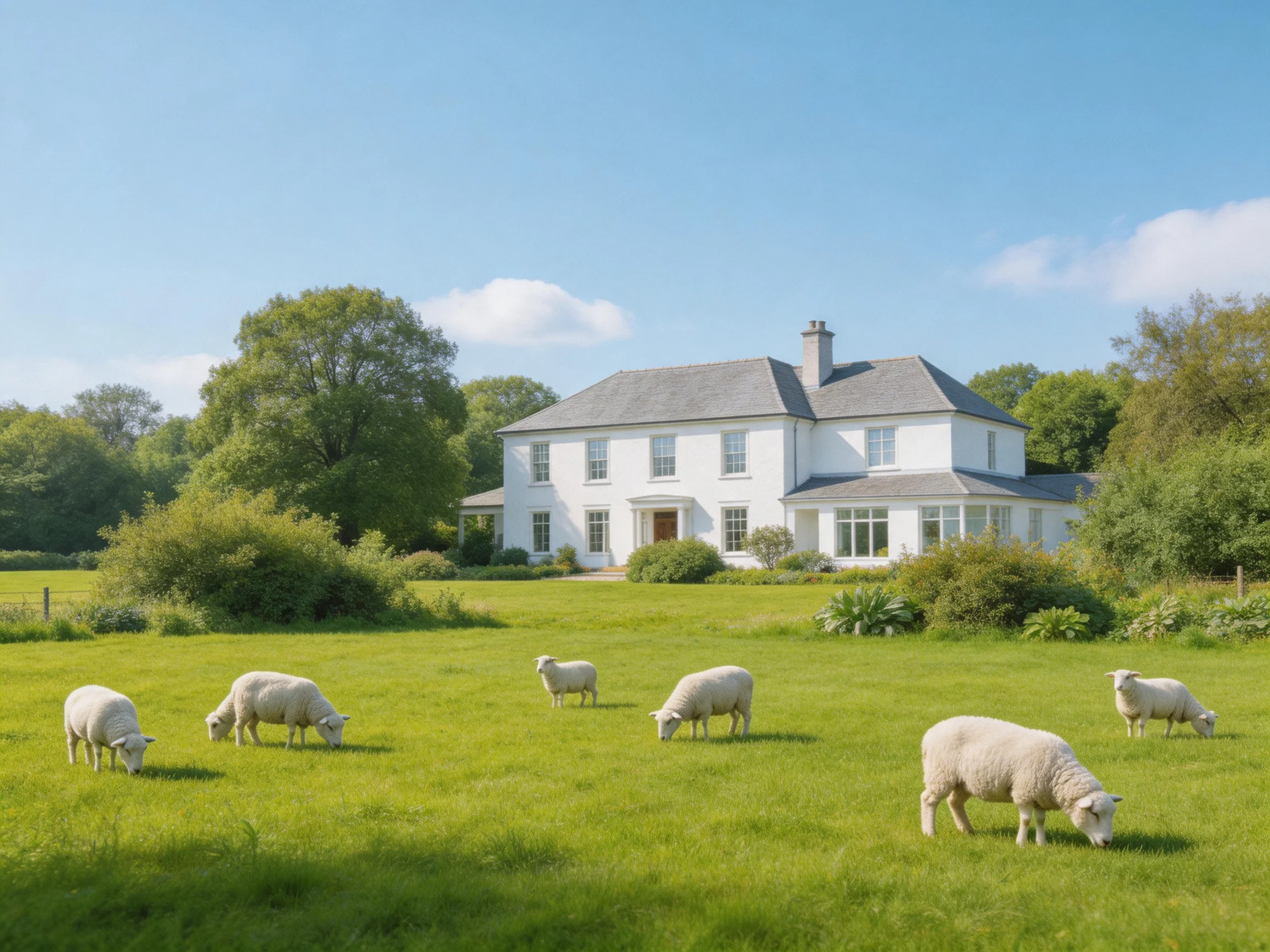 A white two - story house near a lush green pasture with six grazing sheep
