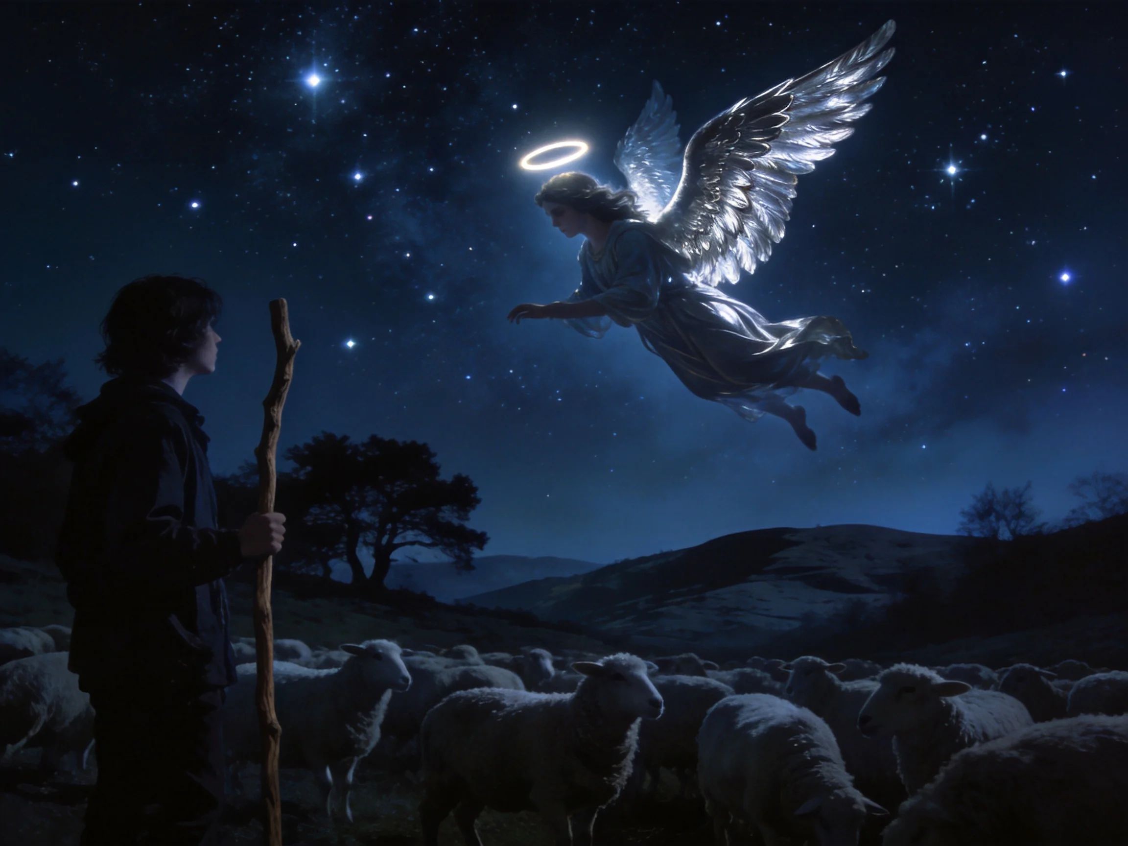 A winged angel hovers over a shepherd and sheep under a starry night sky