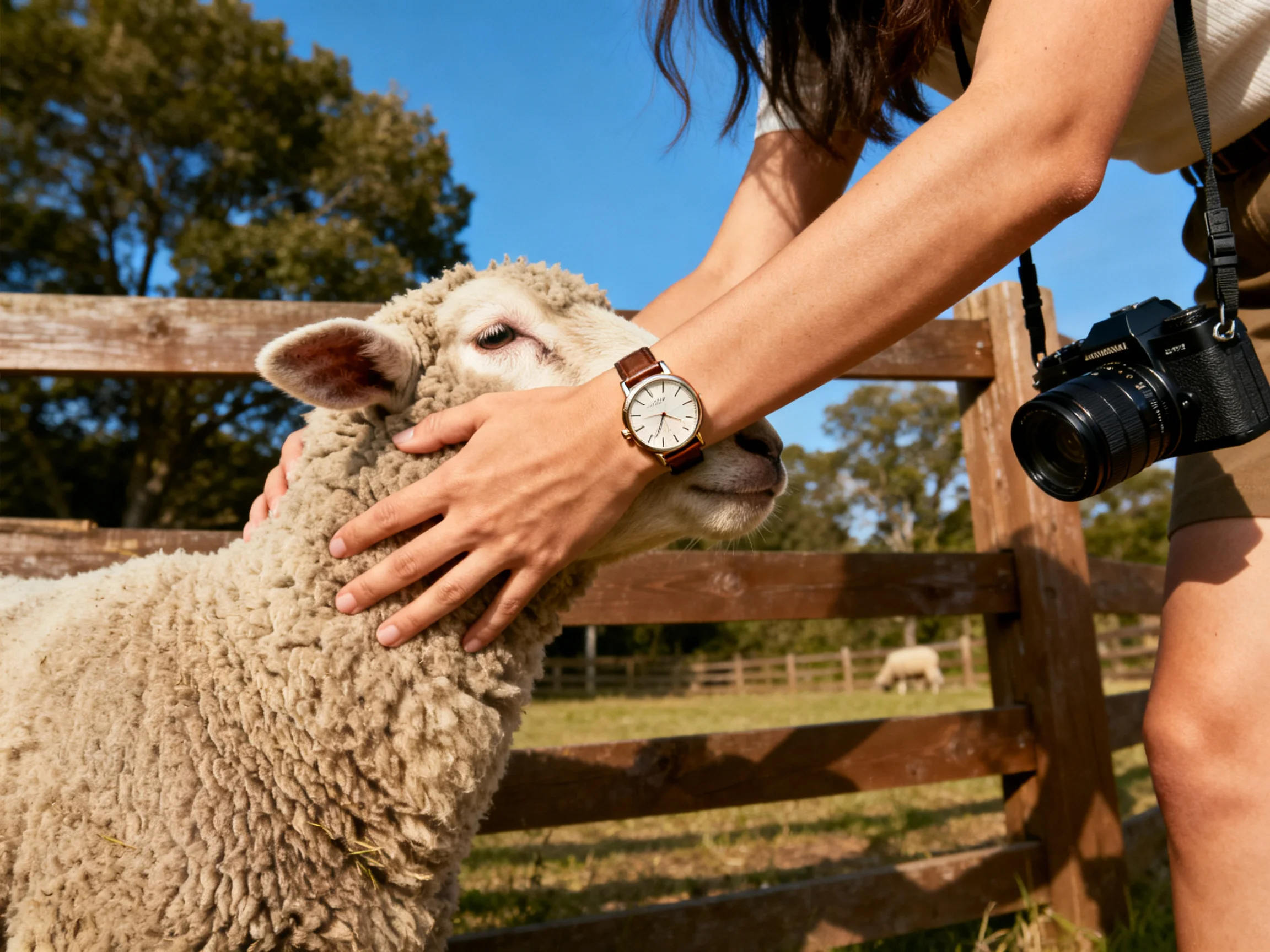 A woman gently petting a woolly sheep by a wooden fence