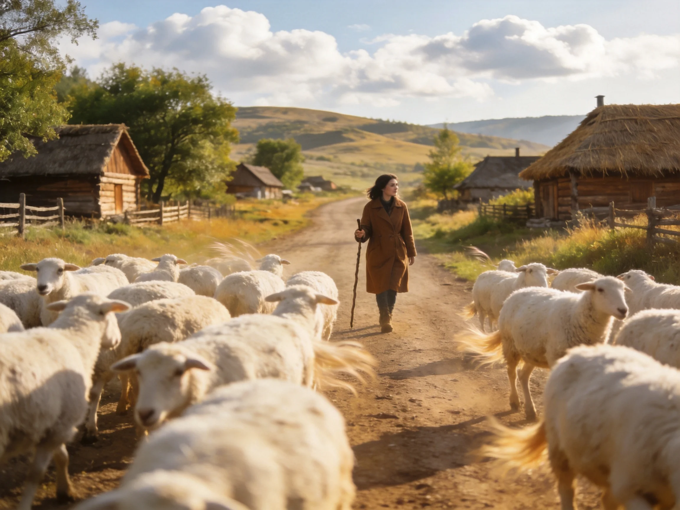 A woman herds sheep near rustic wooden cabins on a sunny dirt road