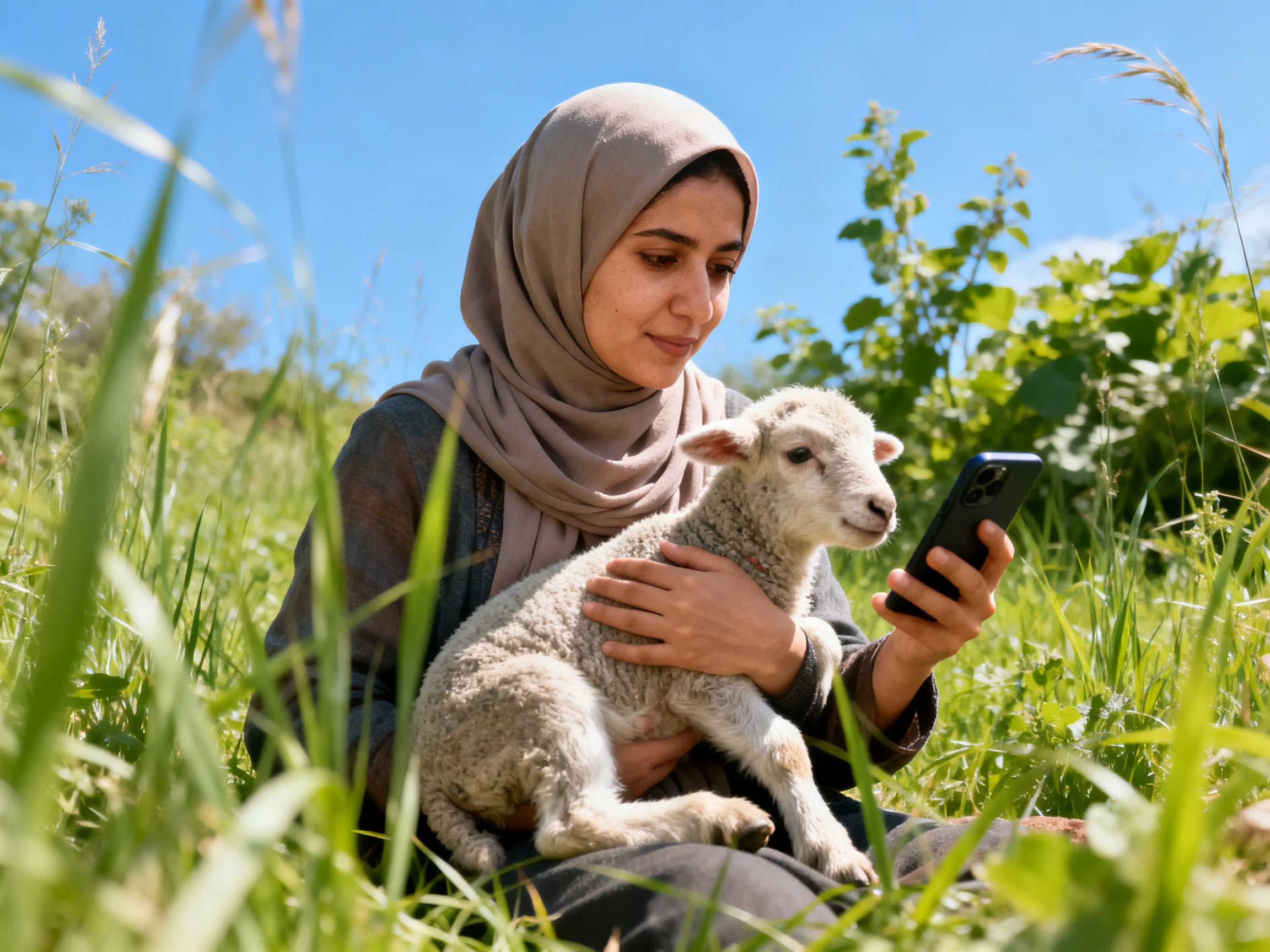 A woman in a beige hijab holds