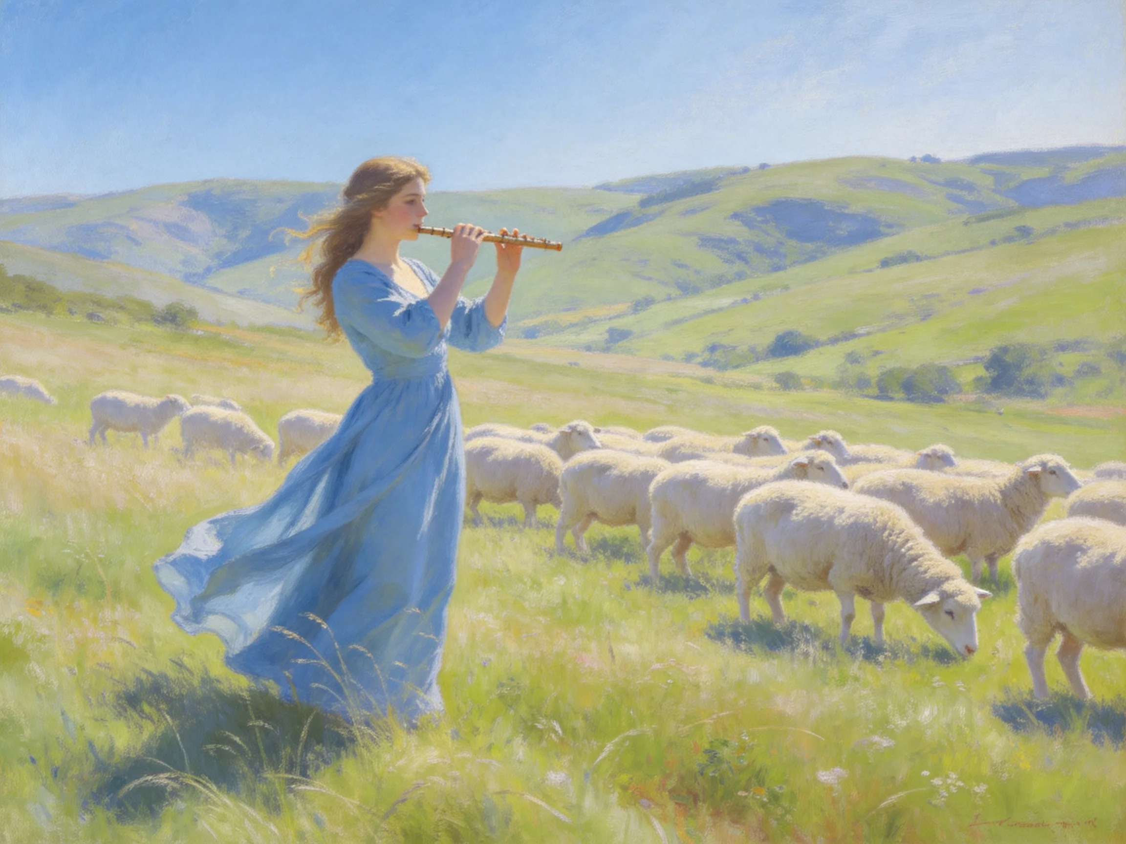 A woman in a blue gown plays flute near grazing sheep in rolling green hills