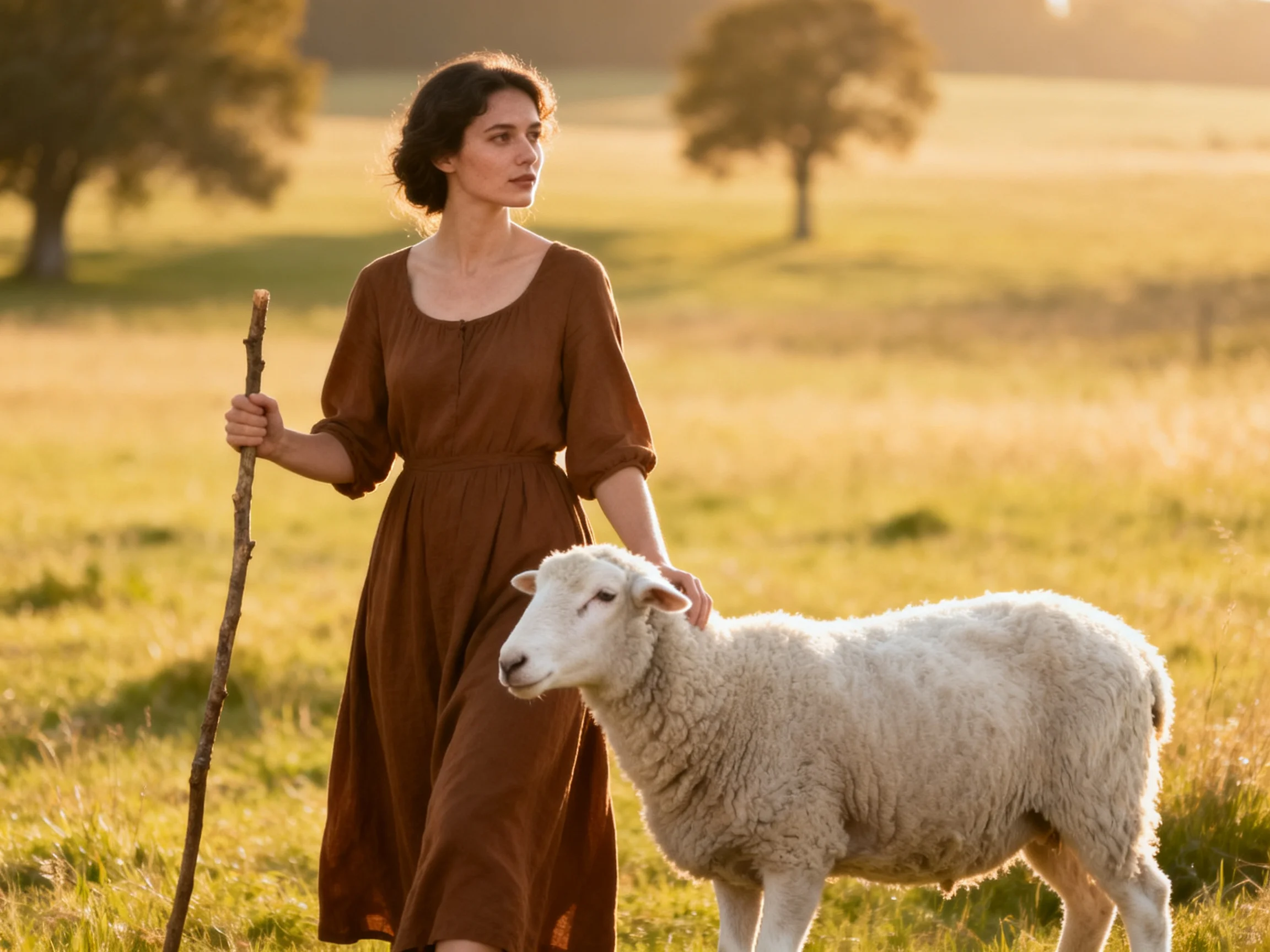 A woman in a brown dress herding a white sheep in a golden field