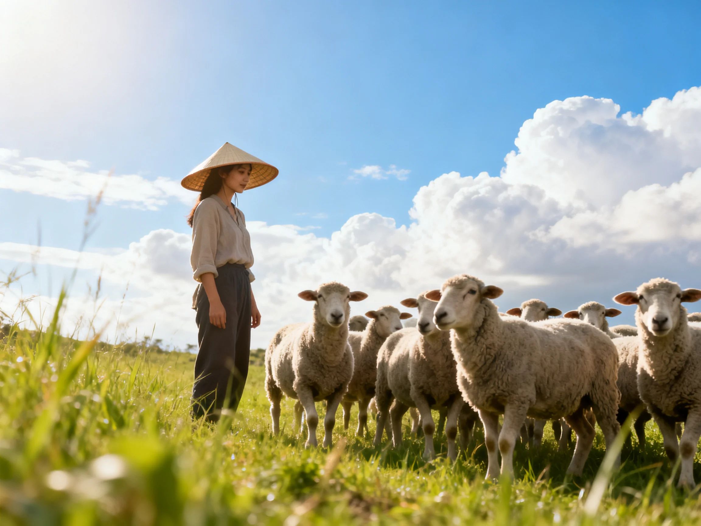 A woman in a conical hat stands near sheep in a sunny field