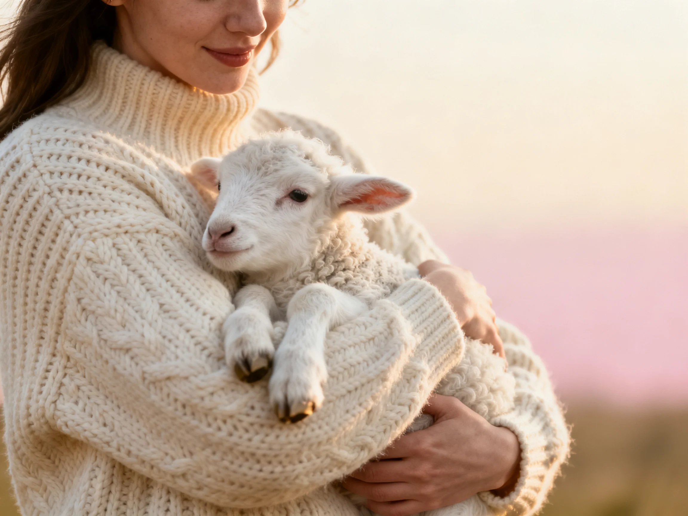 A woman in a cream cable - knit sweater holds a small white lamb