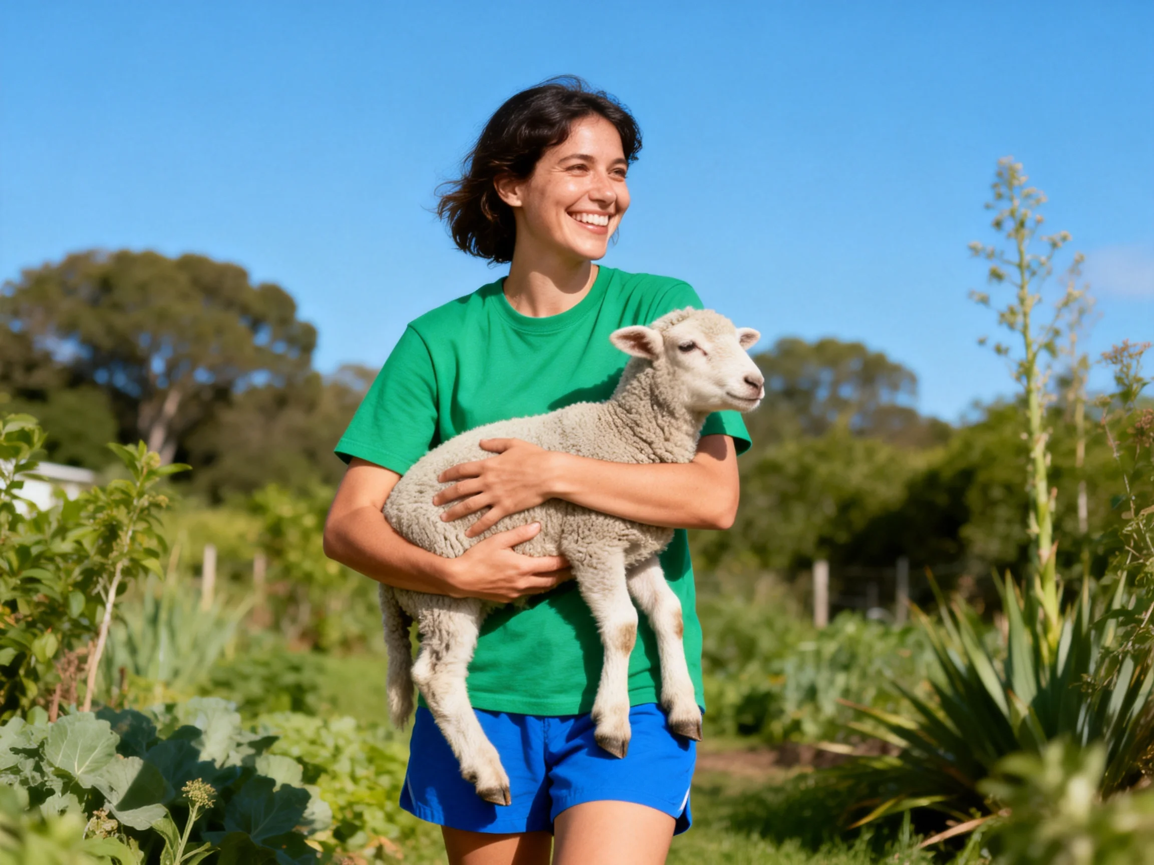 A woman in a green shirt holds a lamb near vegetation