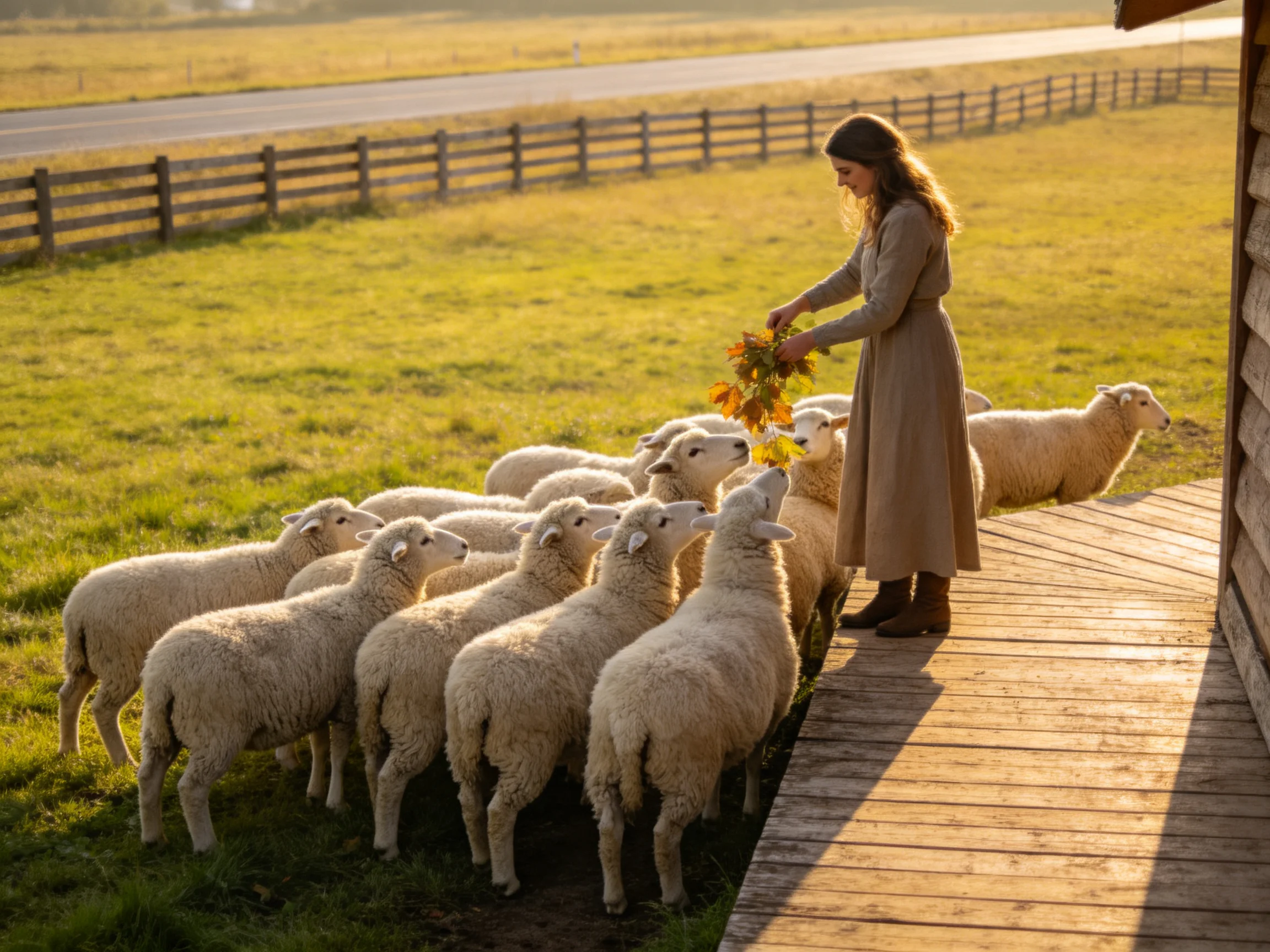 A woman in a long dress feeds sheep near a wooden porch