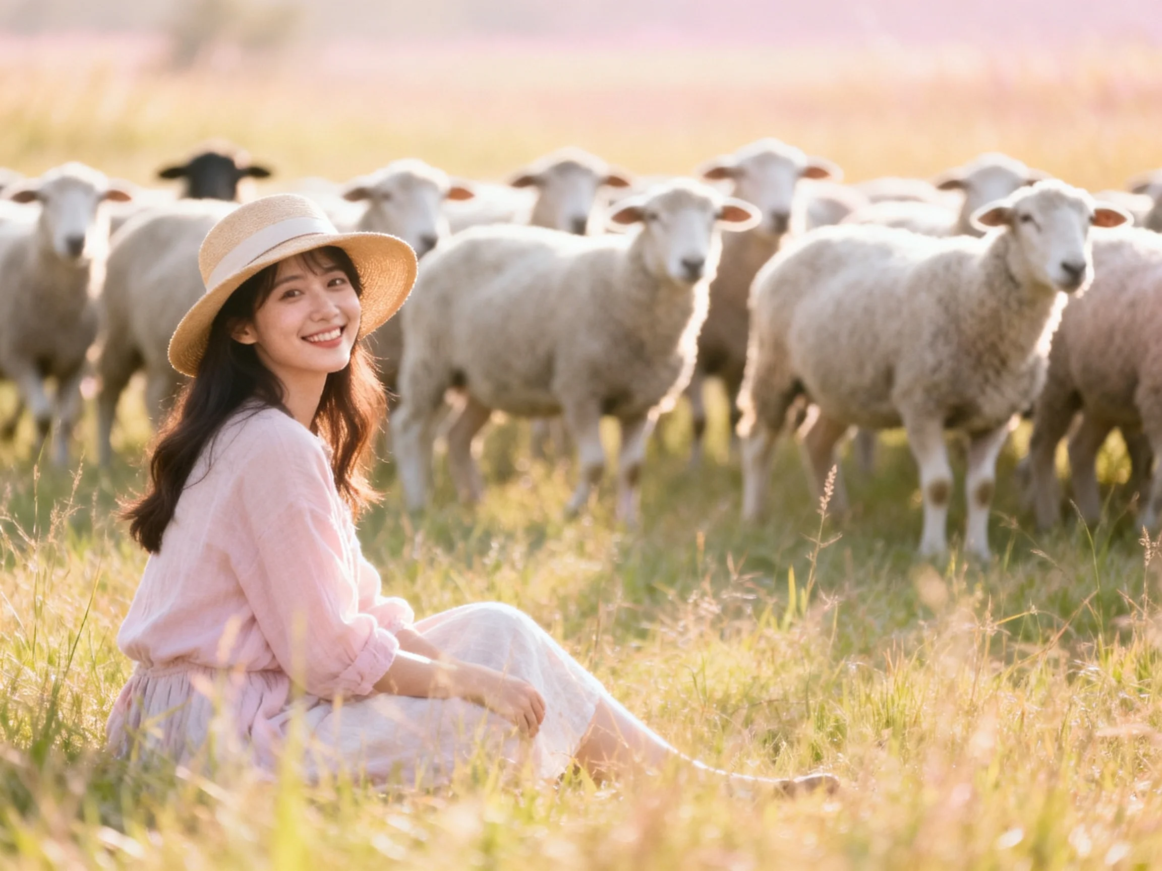 A woman in a pink dress sits among a flock of white sheep in a sunlit meadow