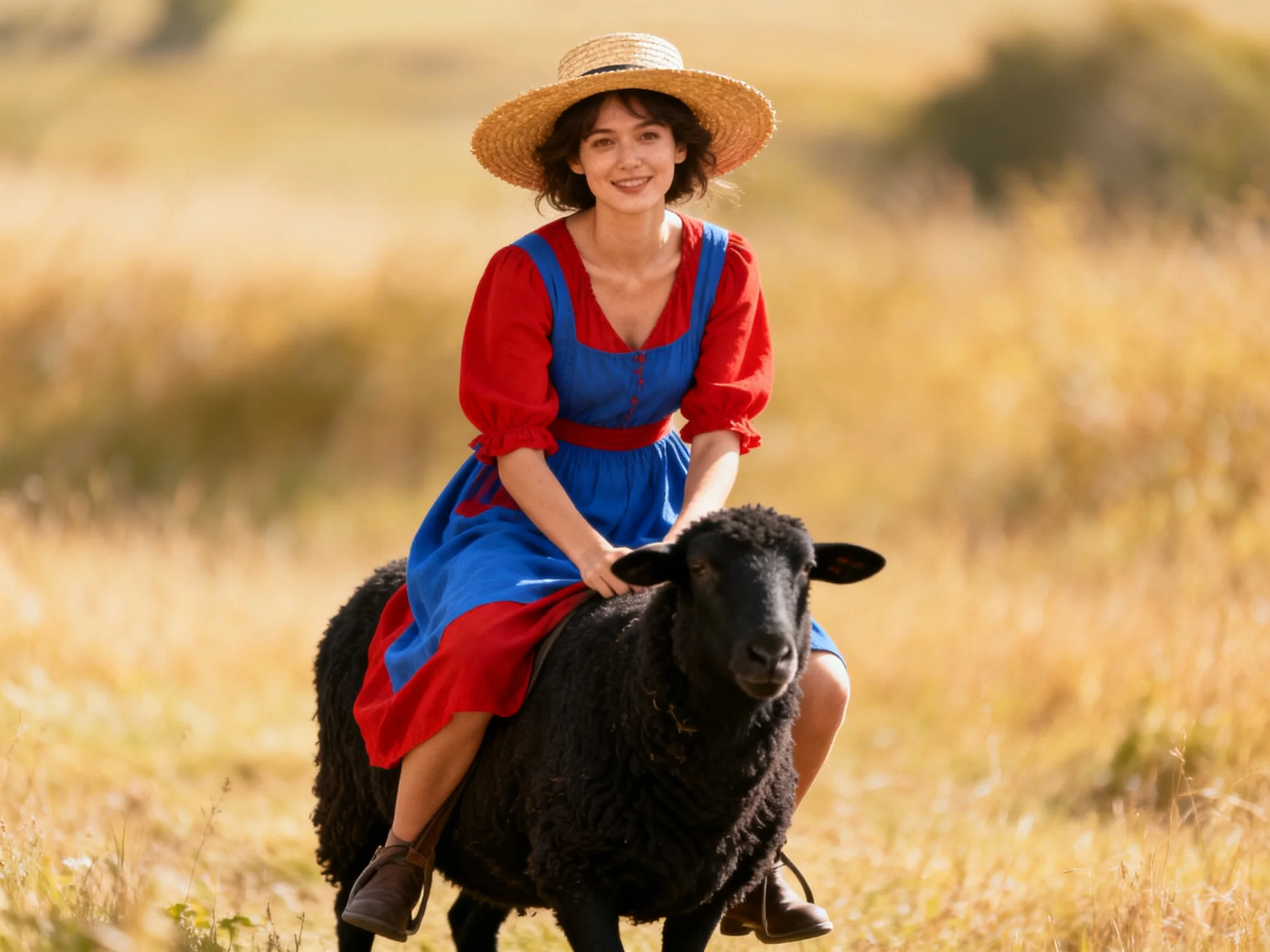 A woman in a red-blue dress rides a black sheep in a golden field