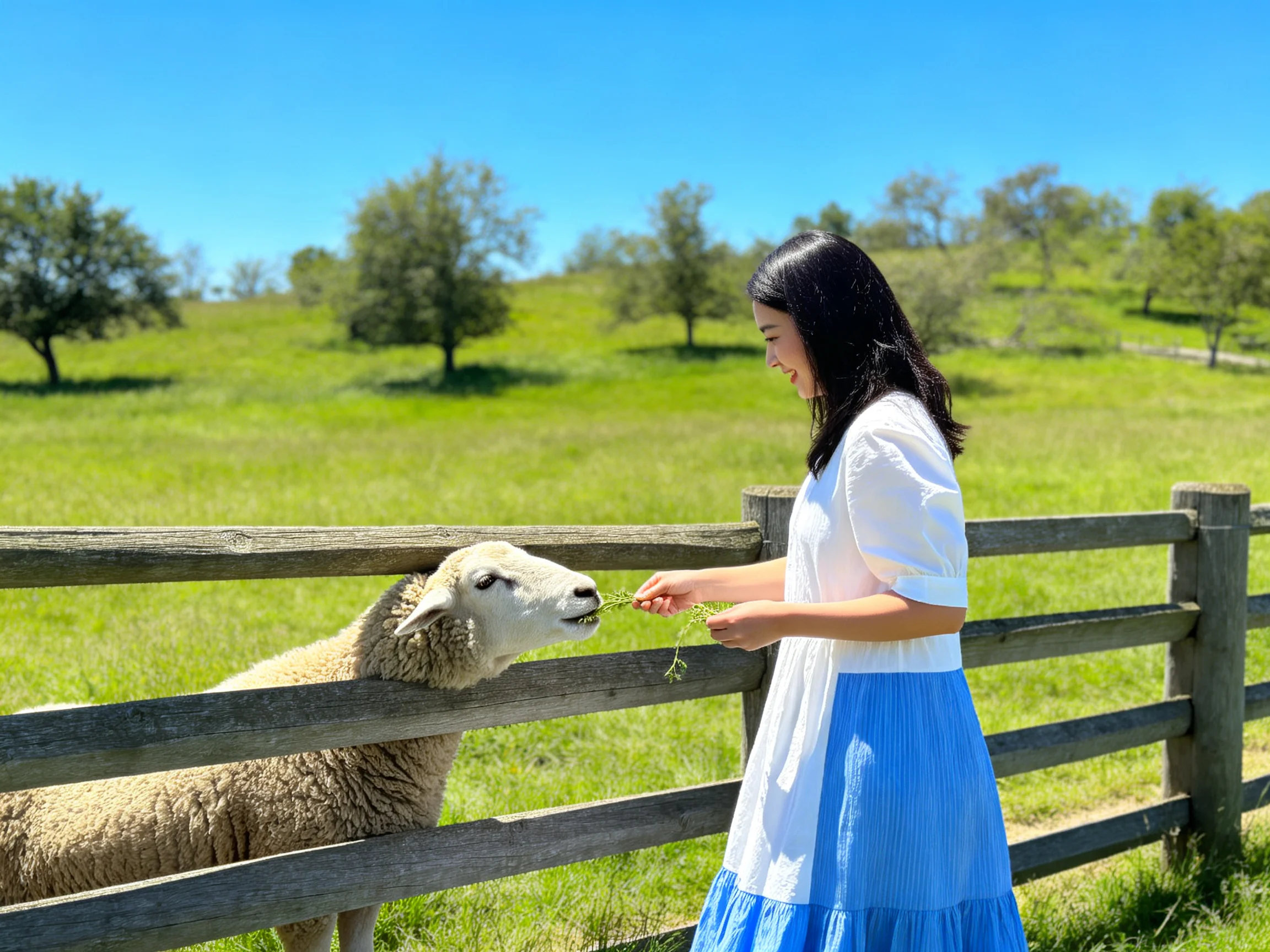 A woman in a white dress feeds a sheep by a wooden fence in a sunny green pasture