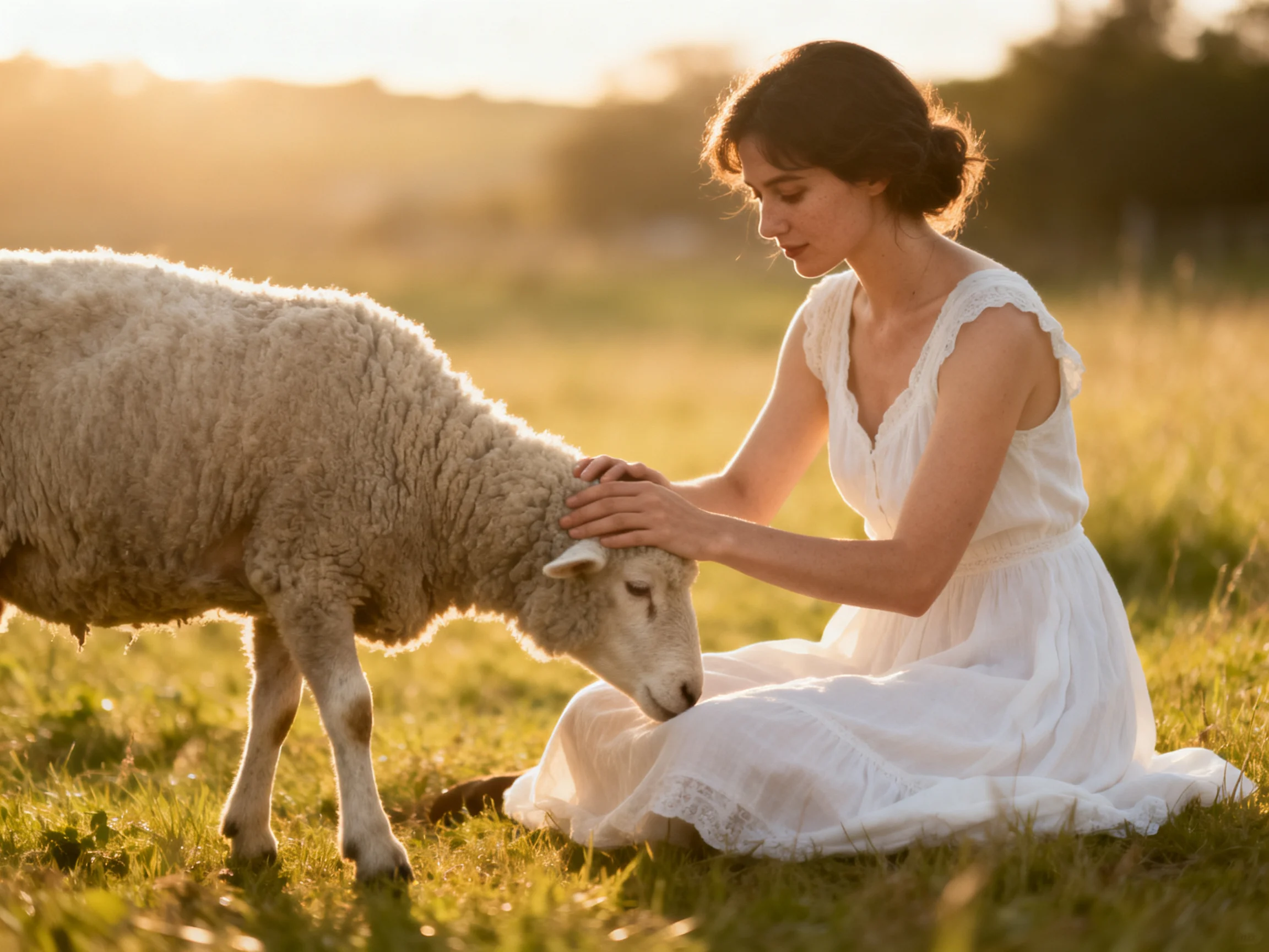 A woman in a white dress pets a sheep in a golden field