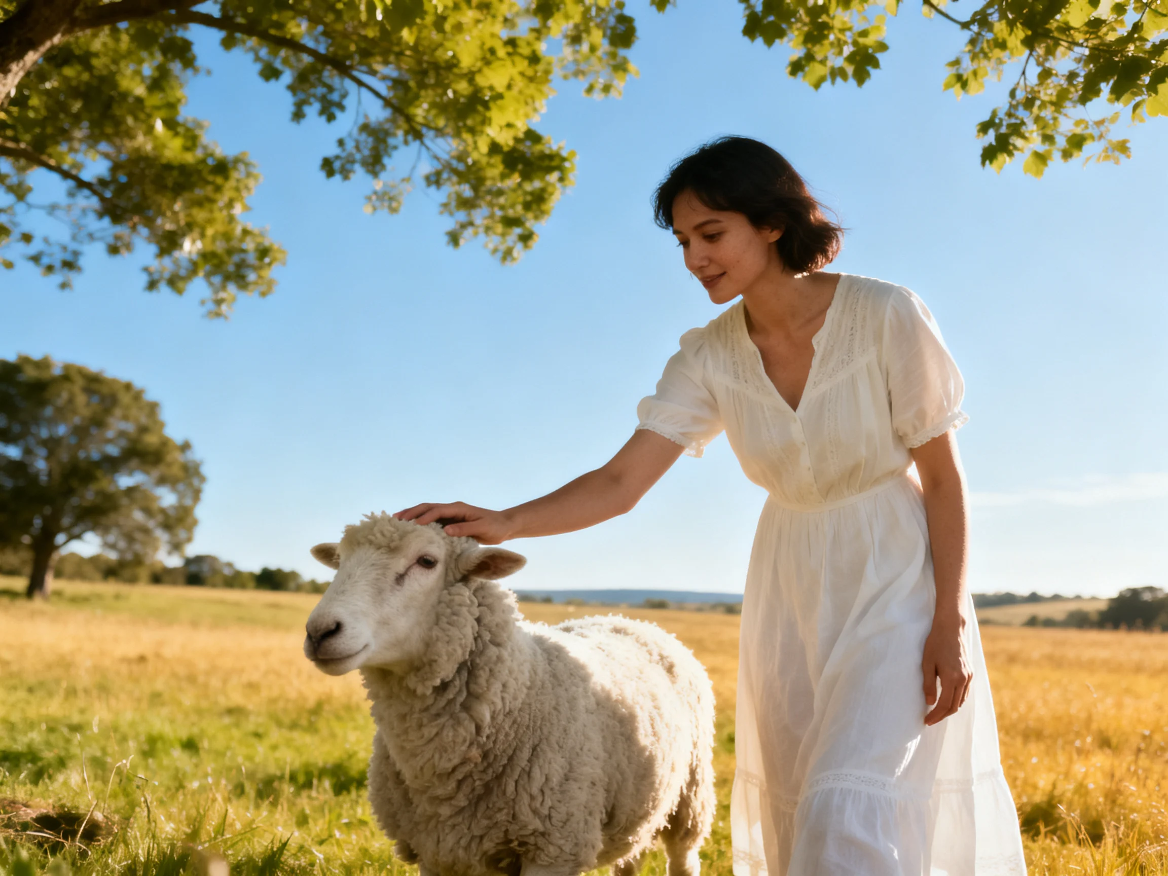 A woman in a white dress pets a sheep in a sunlit meadow