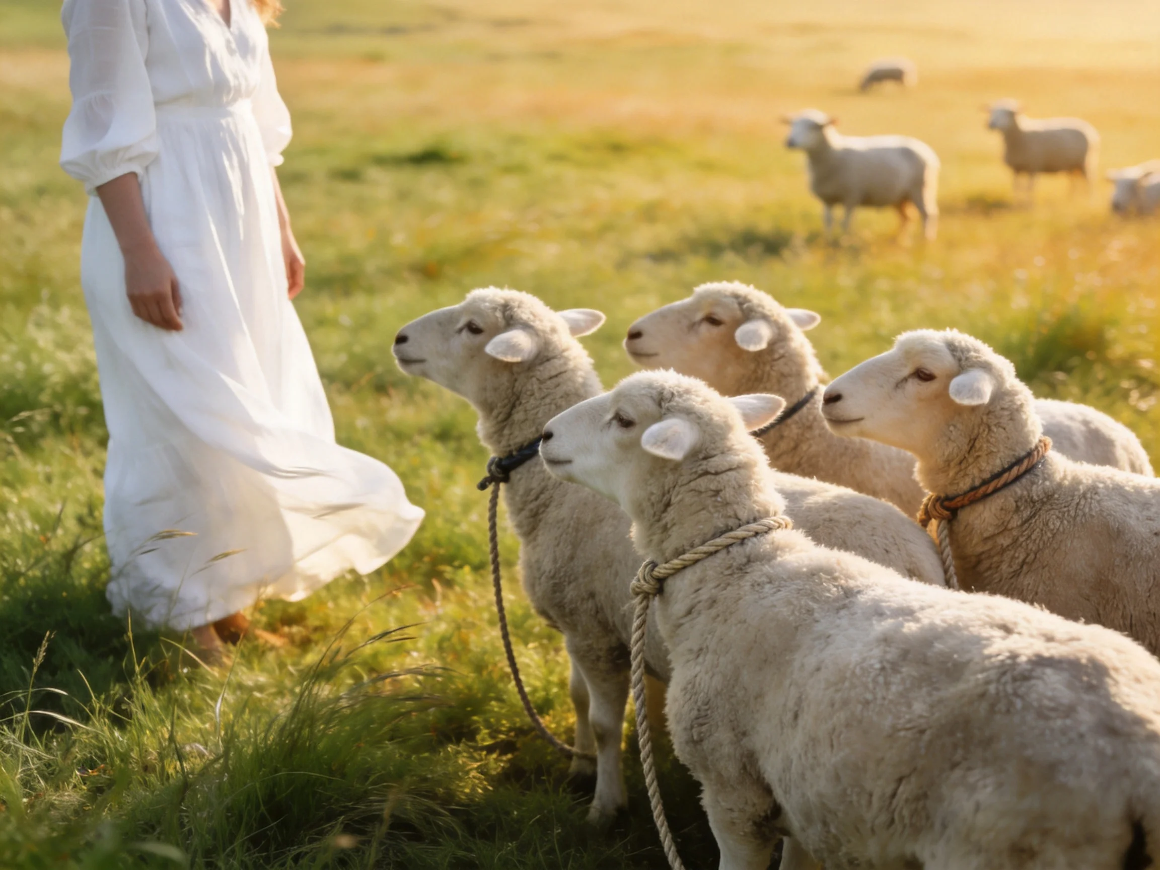 A woman in a white dress with four sheep in a sunlit meadow