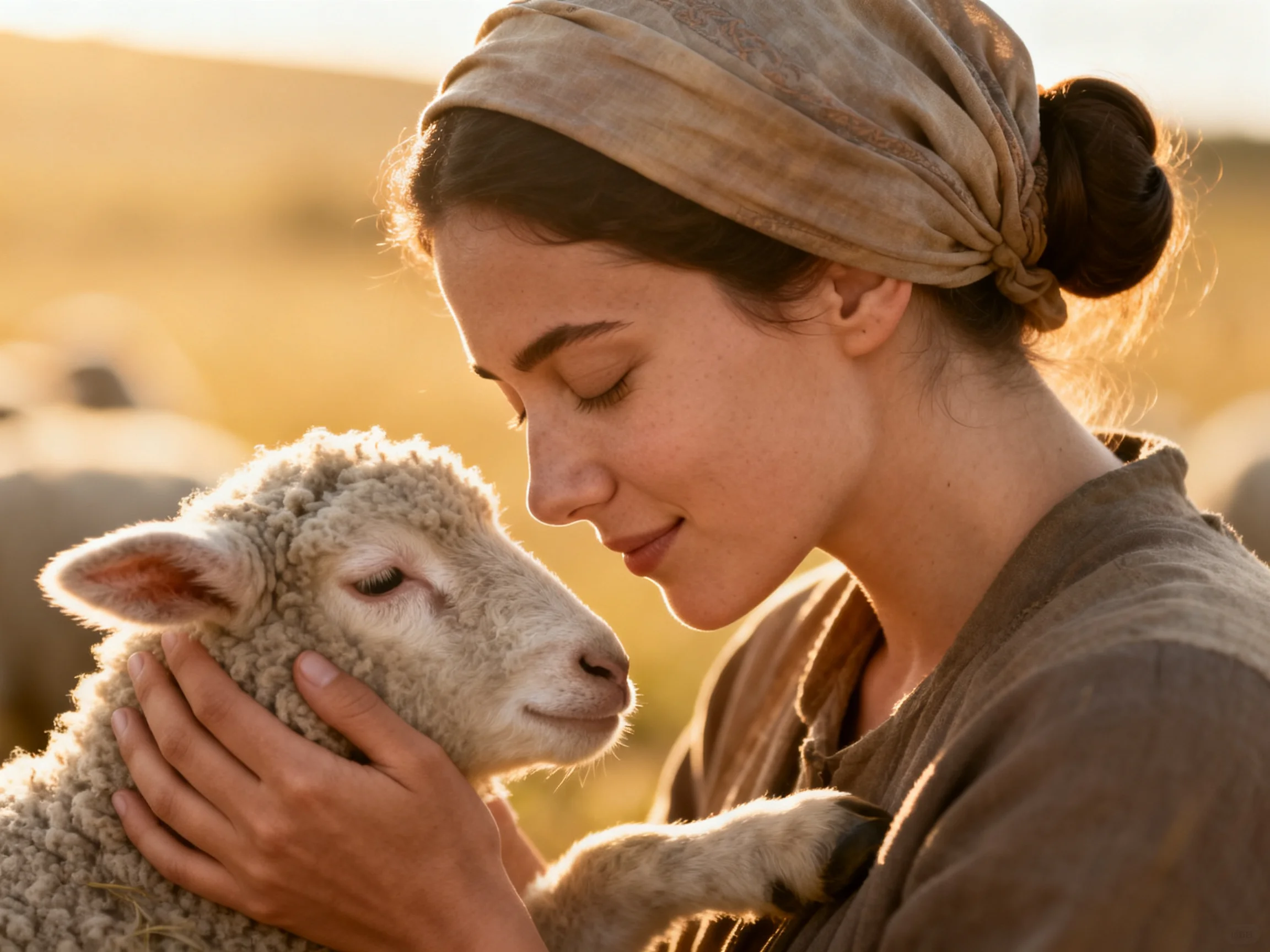 A woman in brown clothing holds a fluffy white lamb in a golden field