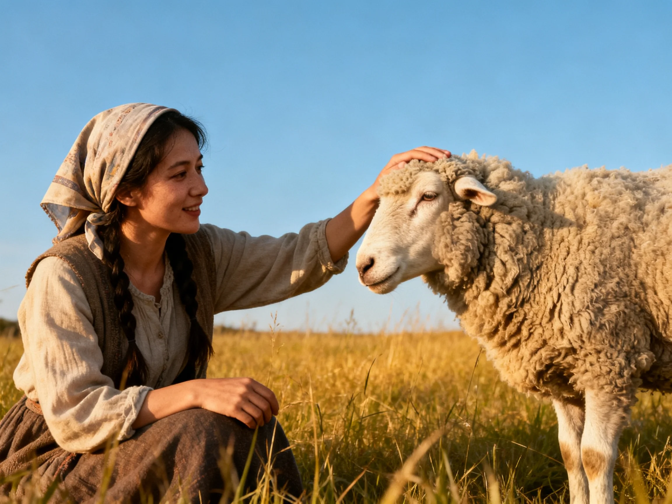 A woman in historical attire petting a sheep in a golden field