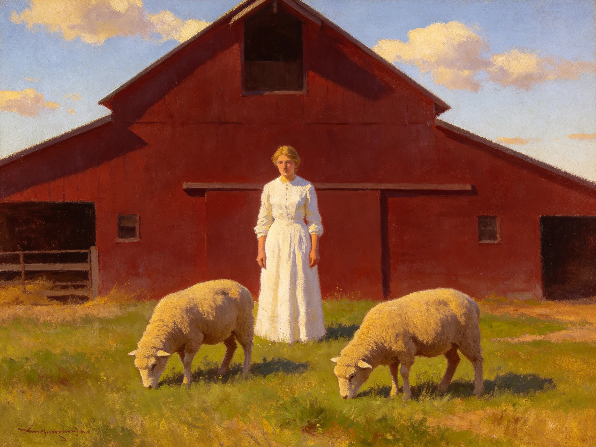 A woman in white stands before a red barn with two grazing sheep