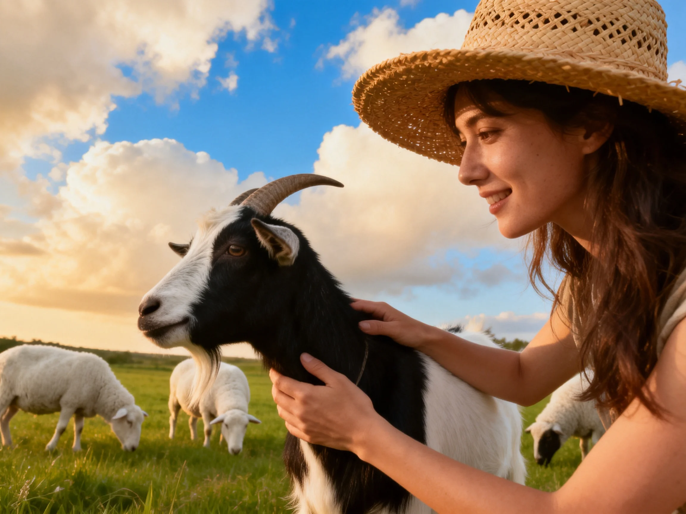 A woman petting a black-and-white goat near grazing sheep in a sunny meadow