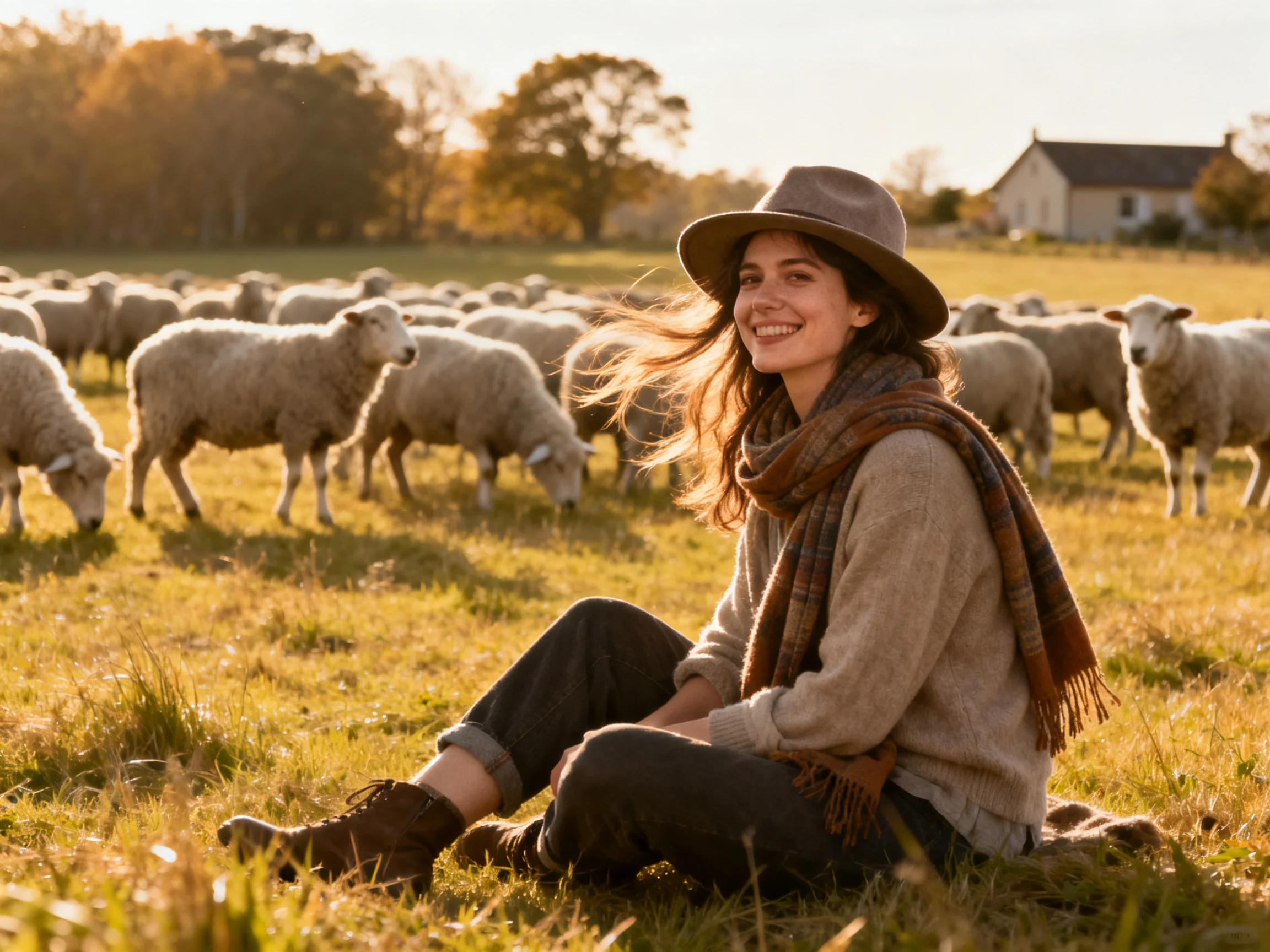 A woman sits among sheep in a sunlit countryside field