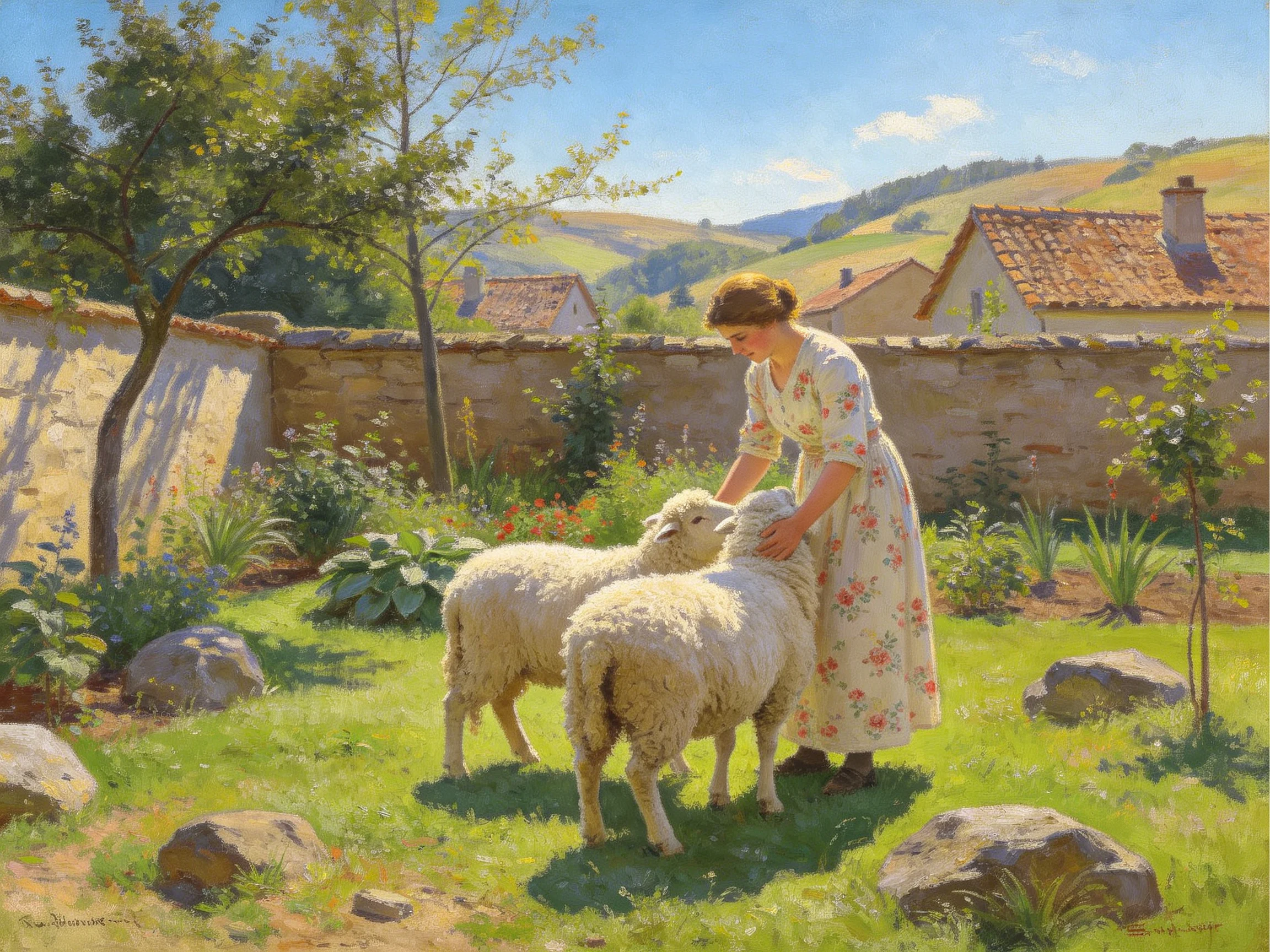 A woman tending sheep in a sunlit countryside courtyard