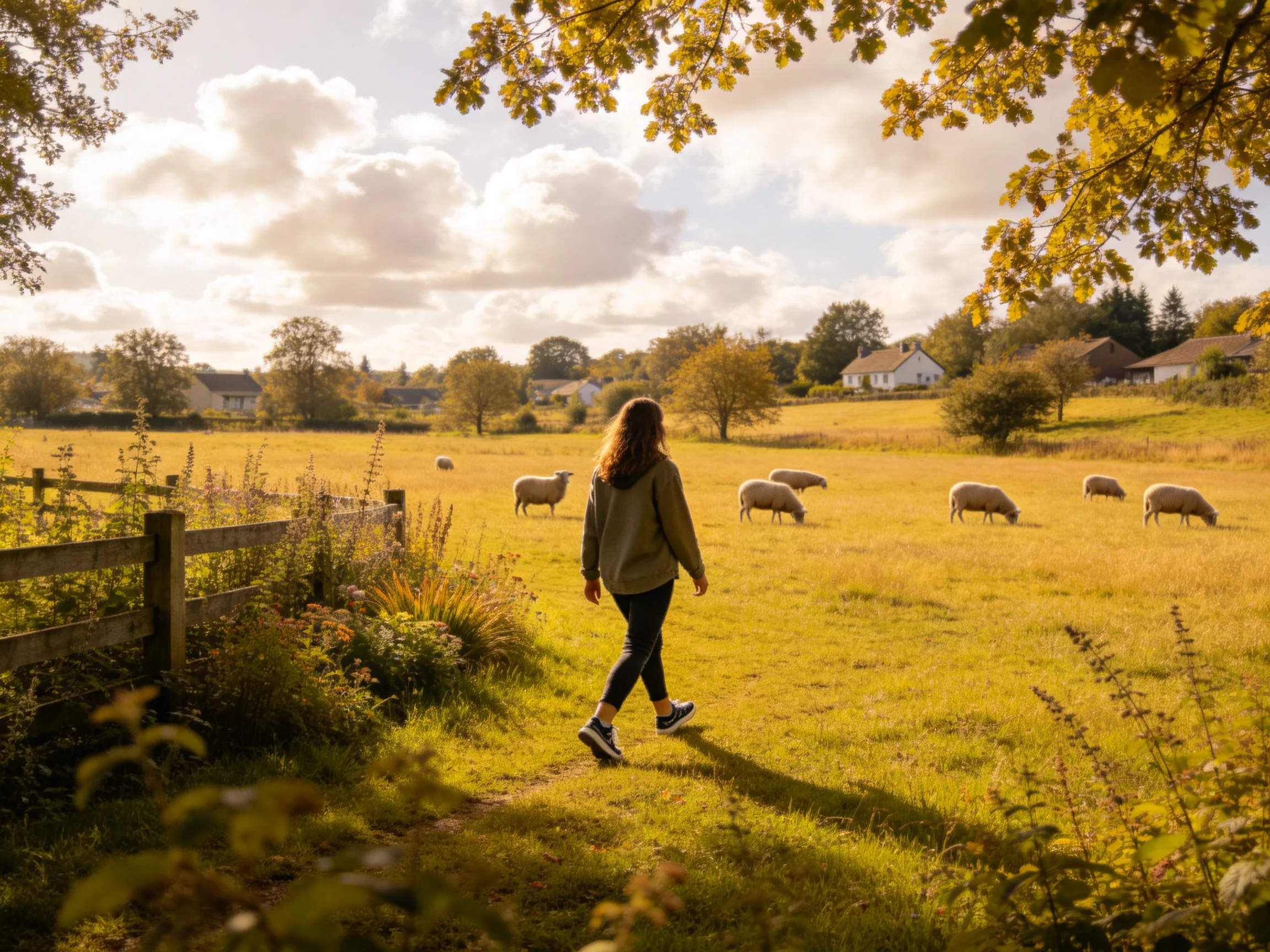 A woman walks through golden fields with grazing sheep