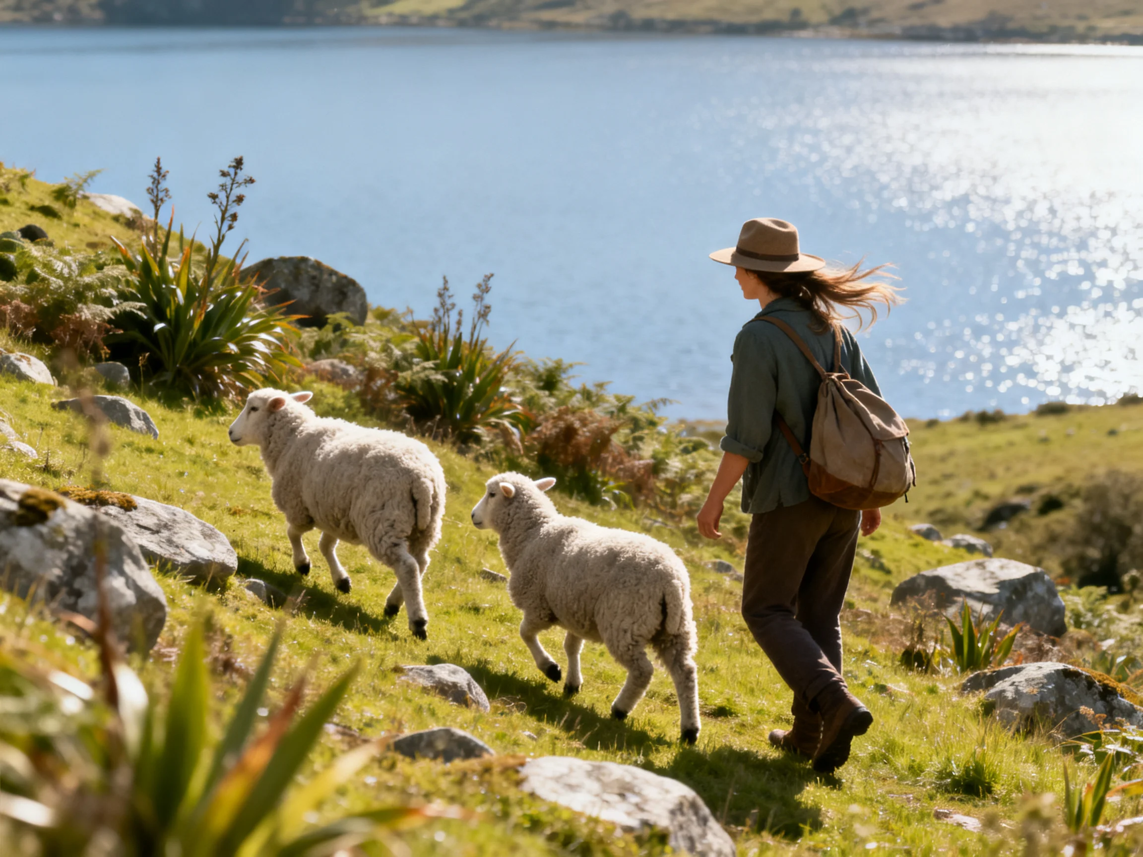 A woman walks two sheep near a sunlit lakeside hillside