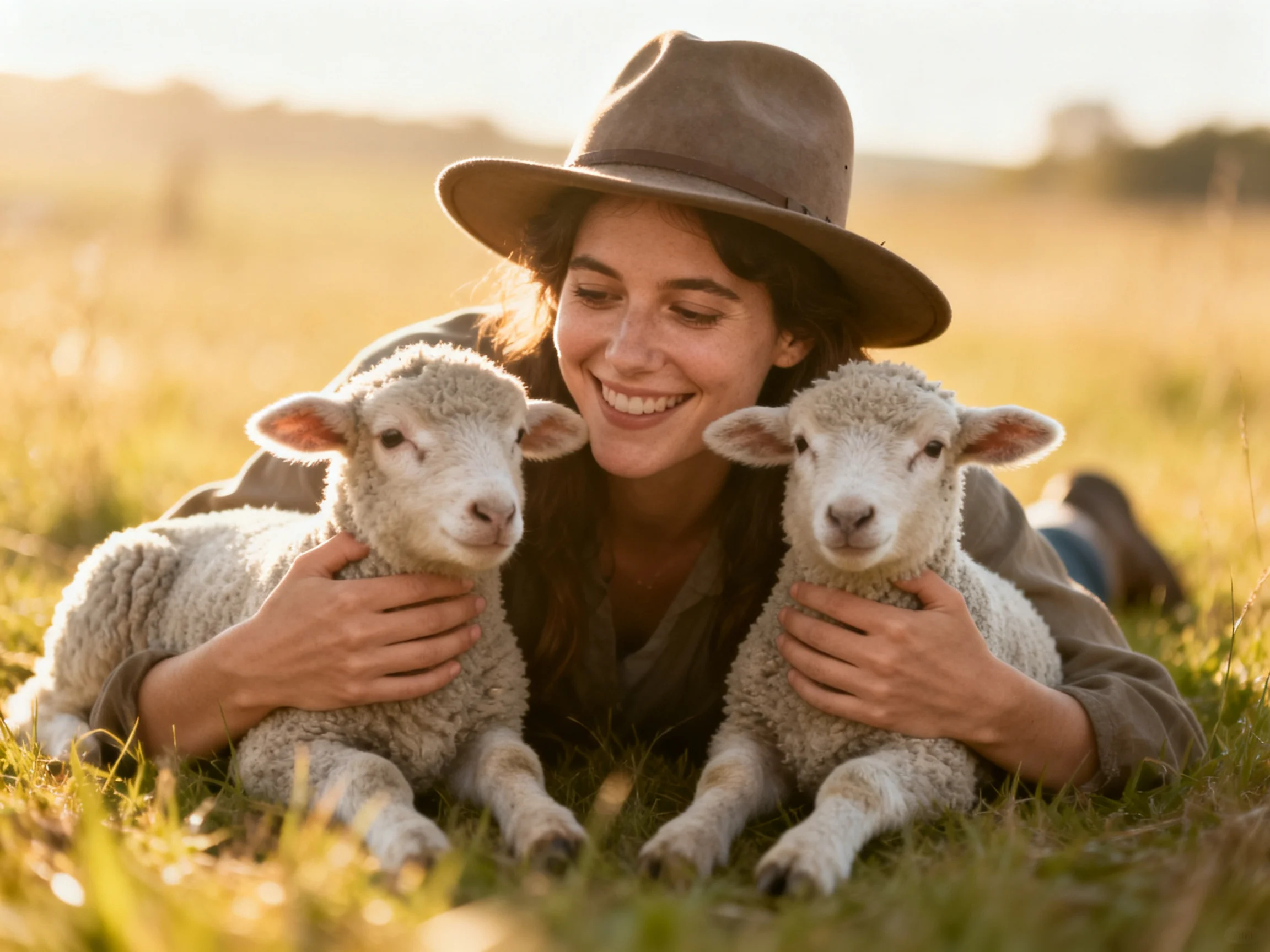 A woman with two lambs resting in a sunlit meadow