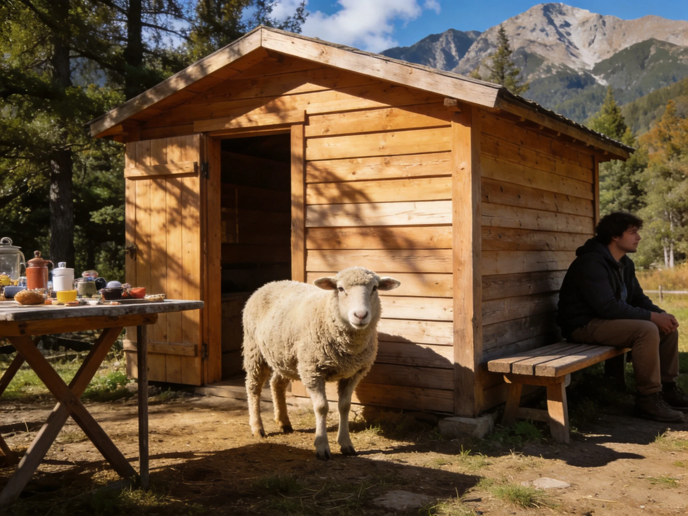 A wooden shed with a sheep, a seated person, and forested mountains