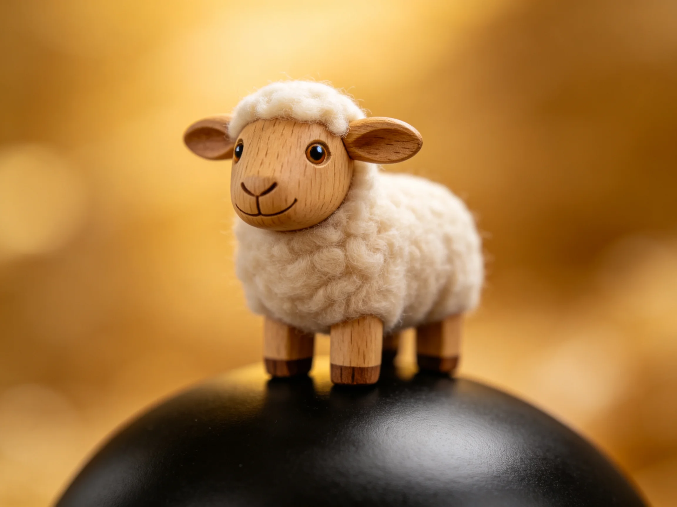 A wooden sheep figurine with fluffy white wool on a black sphere