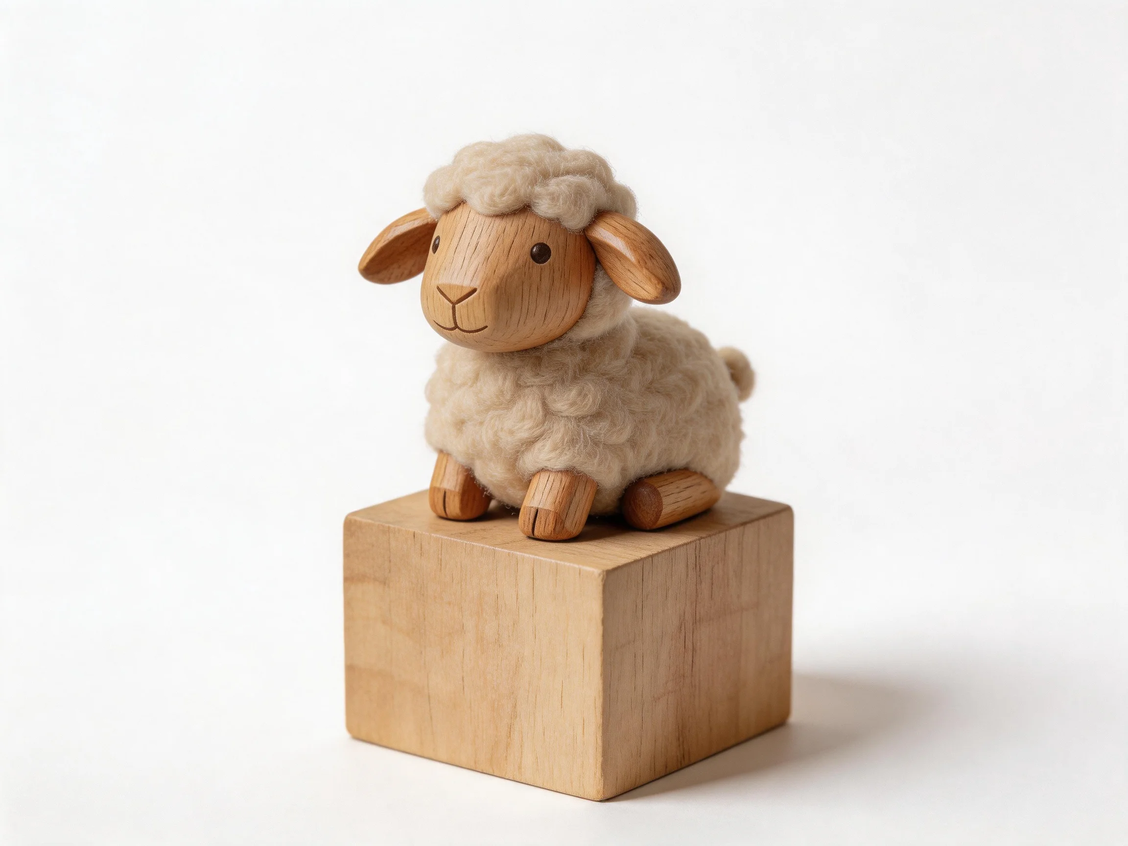 A wooden sheep figurine with woolly texture sits atop a smooth wooden cube